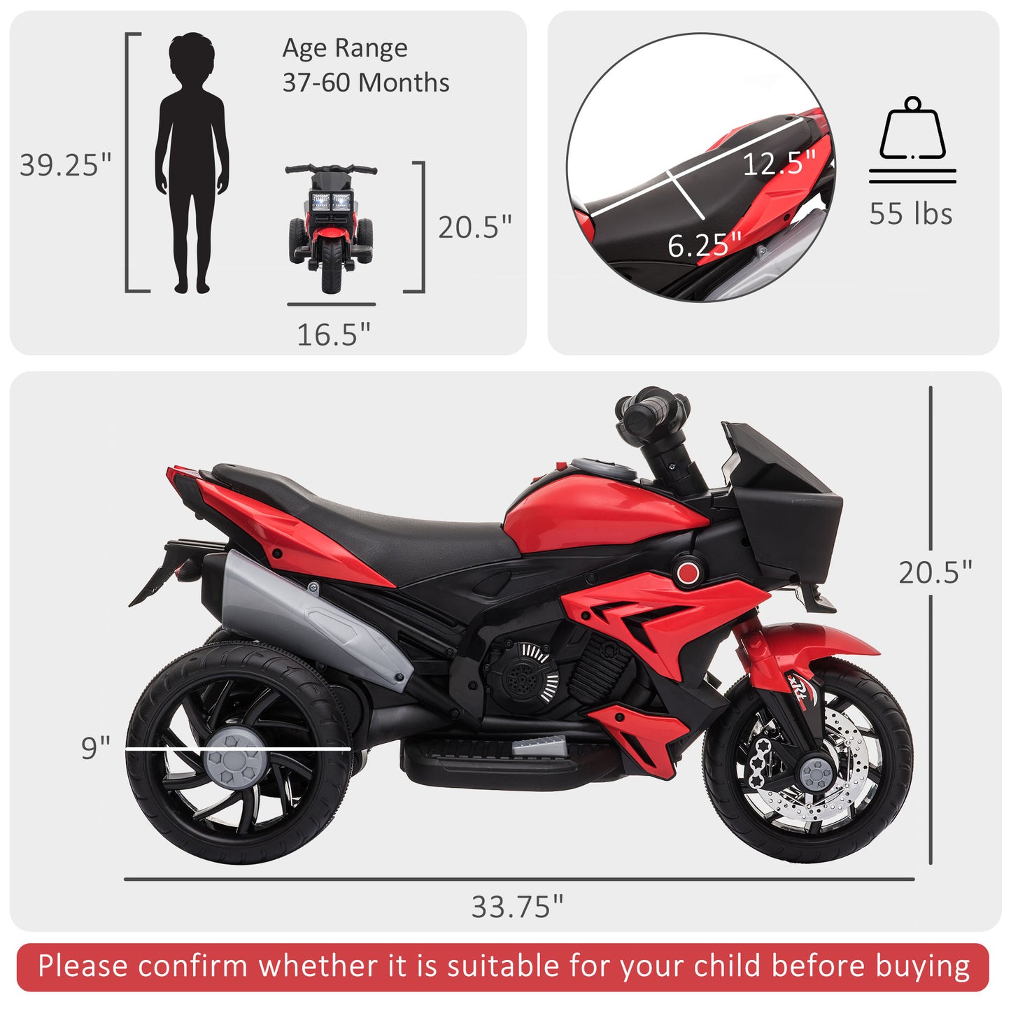 Kids Electric Motorcycle Ride-On Toy 6V Battery Powered with Music Horn Headlights Red Kids Crystal