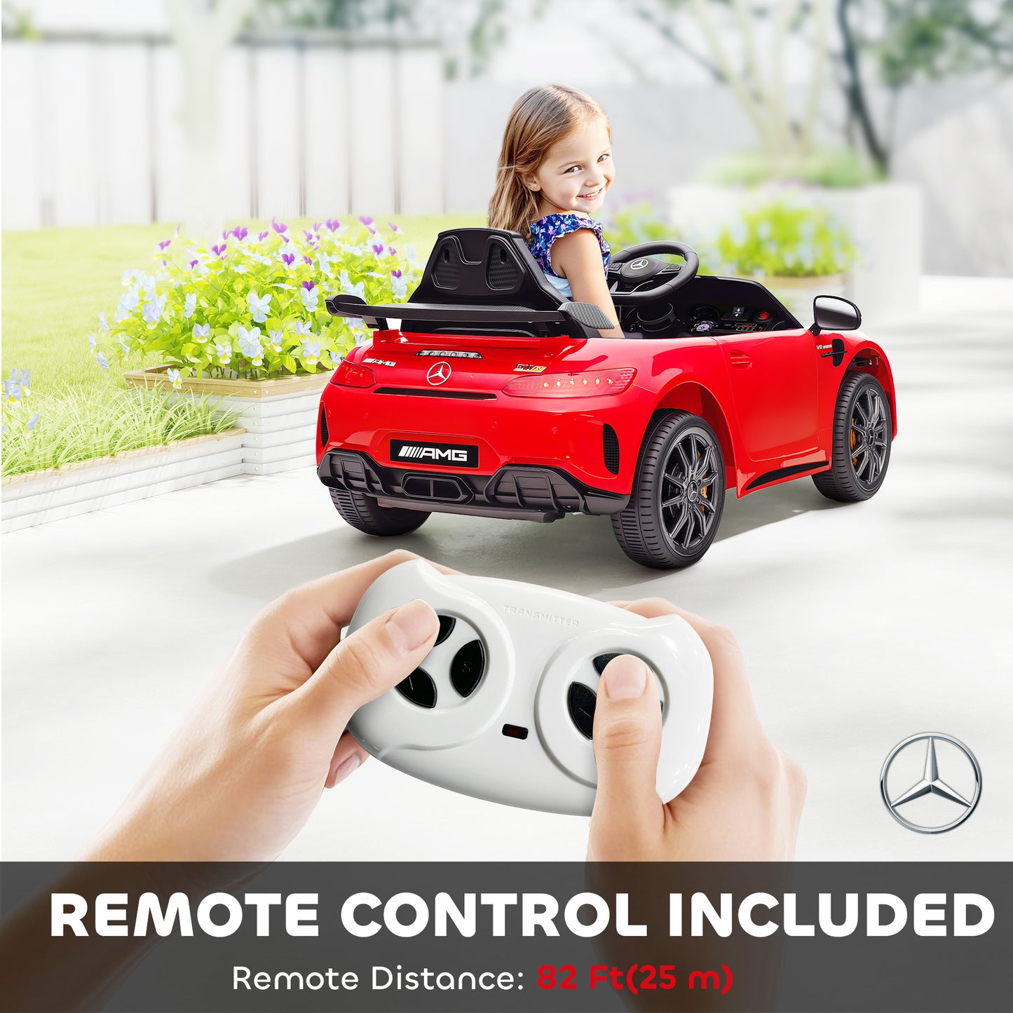 Mercedes-Benz AMG GTR Licensed 12V Battery Powered Kids Electric Car w/ Remote, Soft Start, Lights, Music Horn Red Kids Crystal