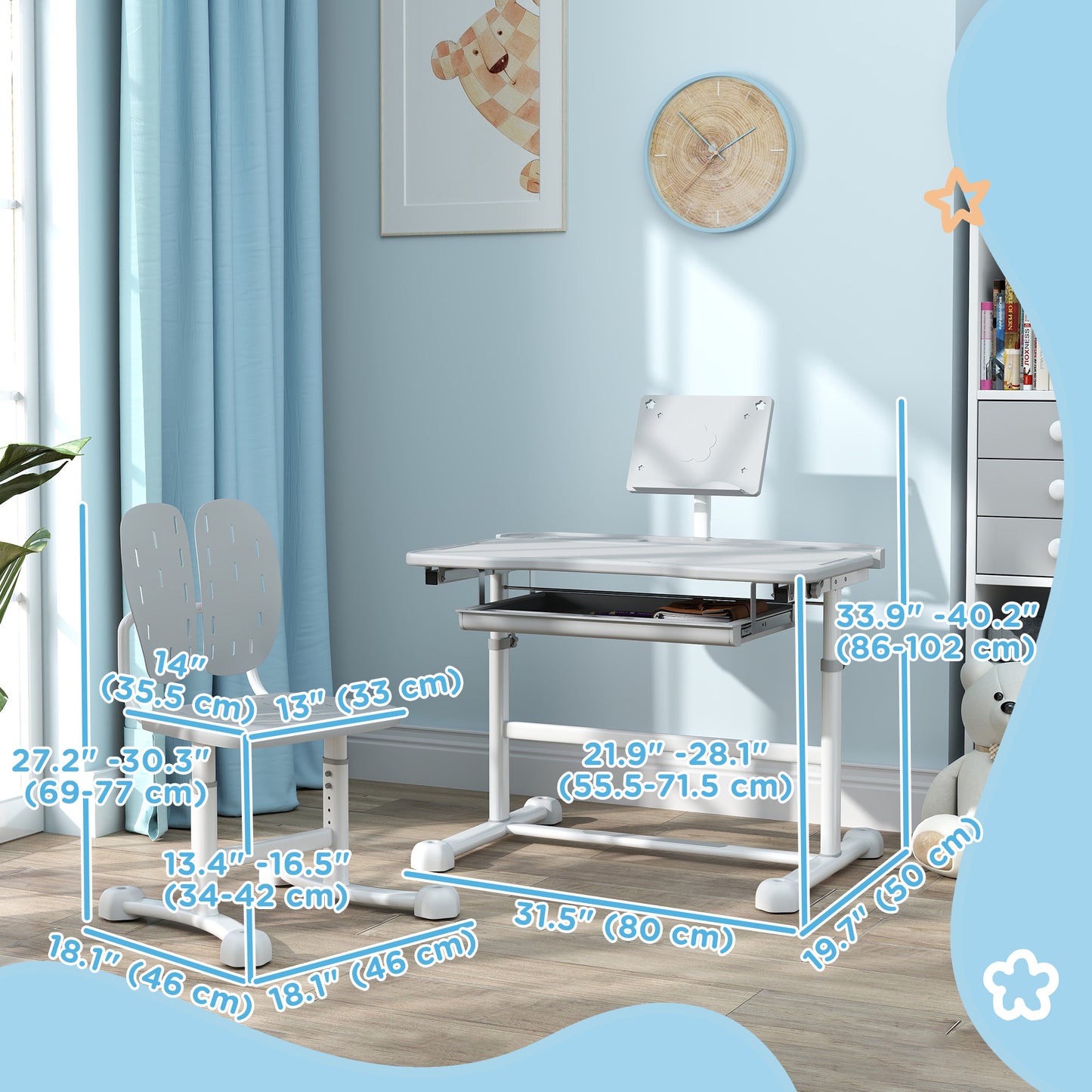 Height Adjustable Kids Desk and Chair Set with Tilt Desktop, Large Writing Board, Storage Drawer, Book Stand, Grey Kids Crystal