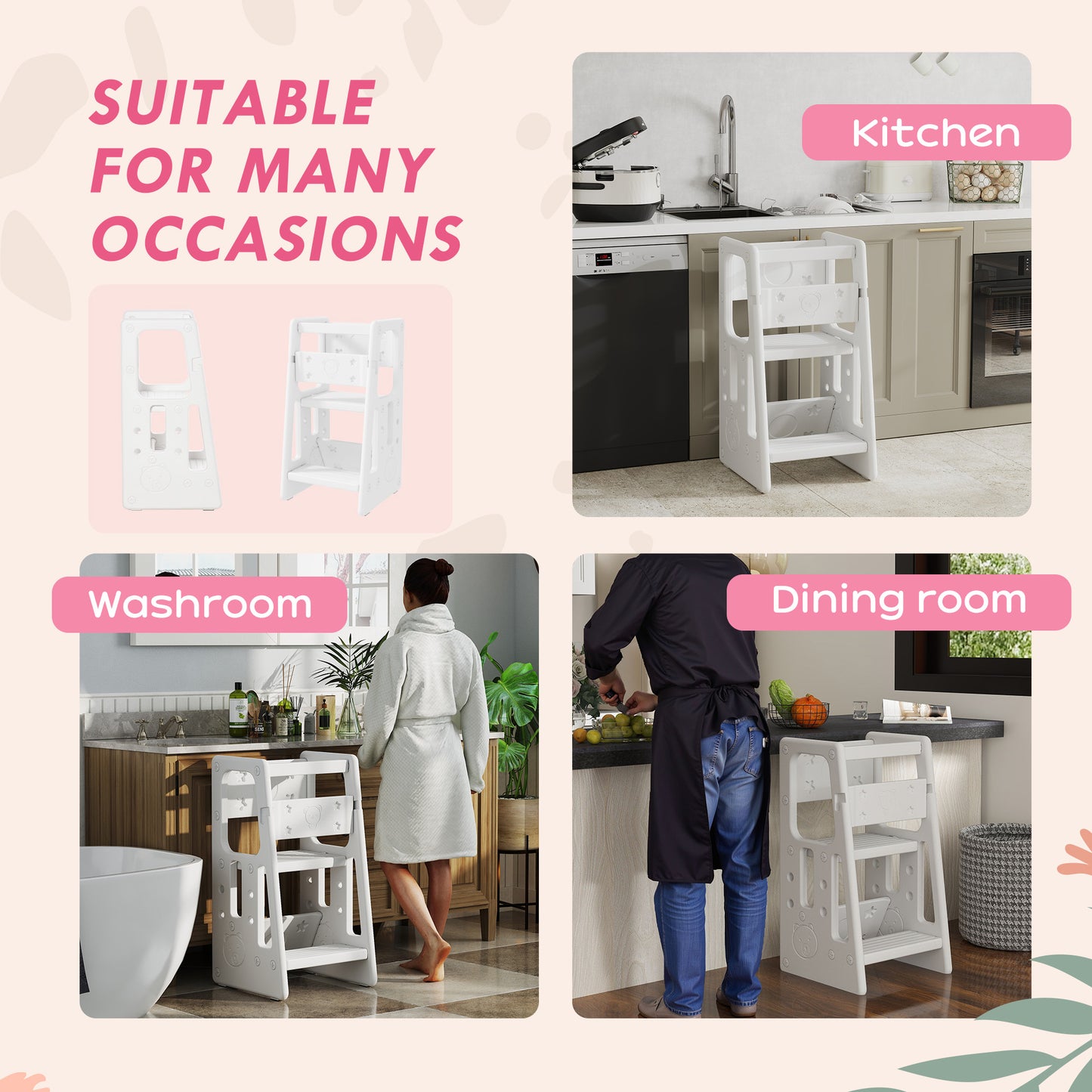 Adjustable Kids Step Stool, Toddler Kitchen Standing Tower with 3 Heights, White