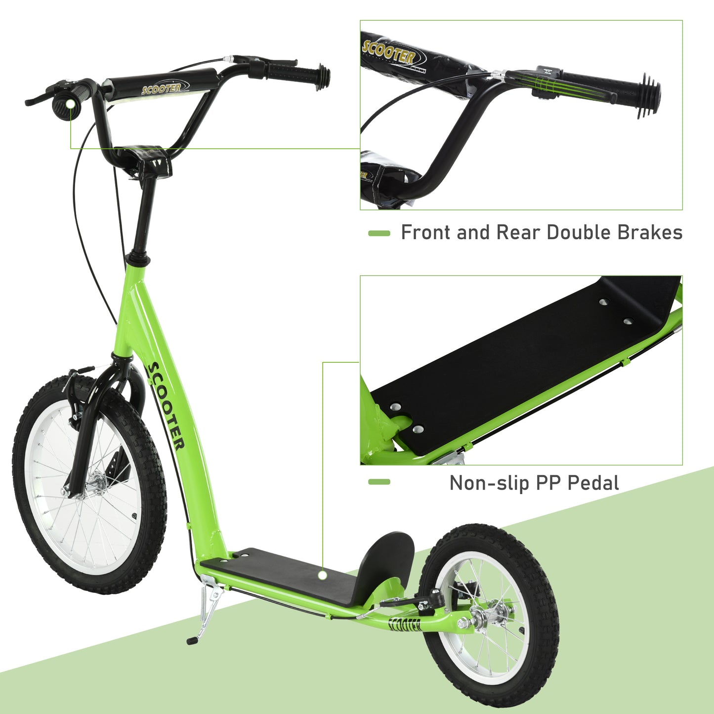 Kids Scooter with Adjustable Handlebar, Youth Kick Scooter with Dual Brakes, Inflatable Wheels, for Age 5+, Green Kids Crystal