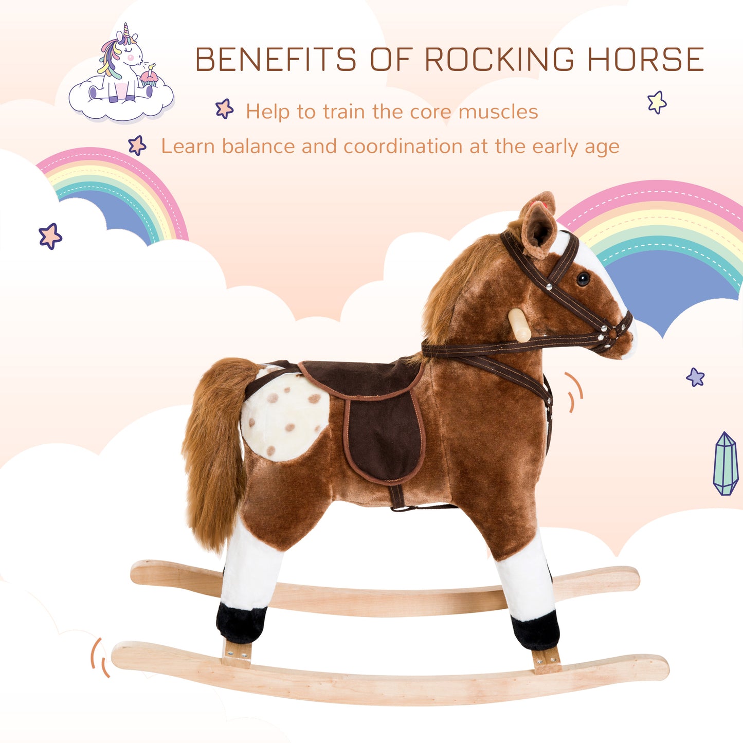 Kids Rocking Horse Plush Ride-On Toy Realistic Sounds Soft Brown Rocker Toddler Gift Kids Crystal