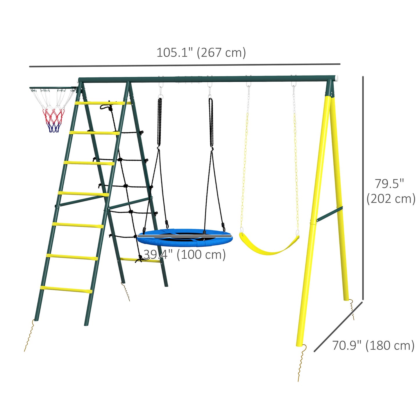 Swing Set 4-in-1 for Kids, Saucer Swing, Seat, Climbing, Basketball Hoop, 3-8 Years, Yellow Kids Crystal
