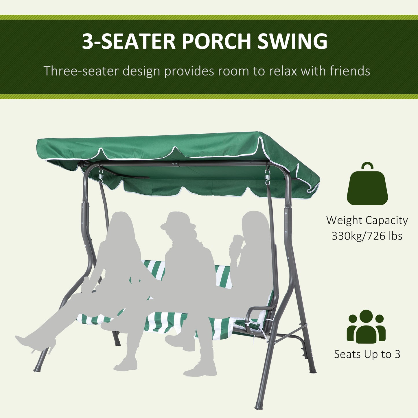 3-Seat Patio Swing Chair, Outdoor Porch Swing Glider with Adjustable Canopy, Removable Cushion for Garden