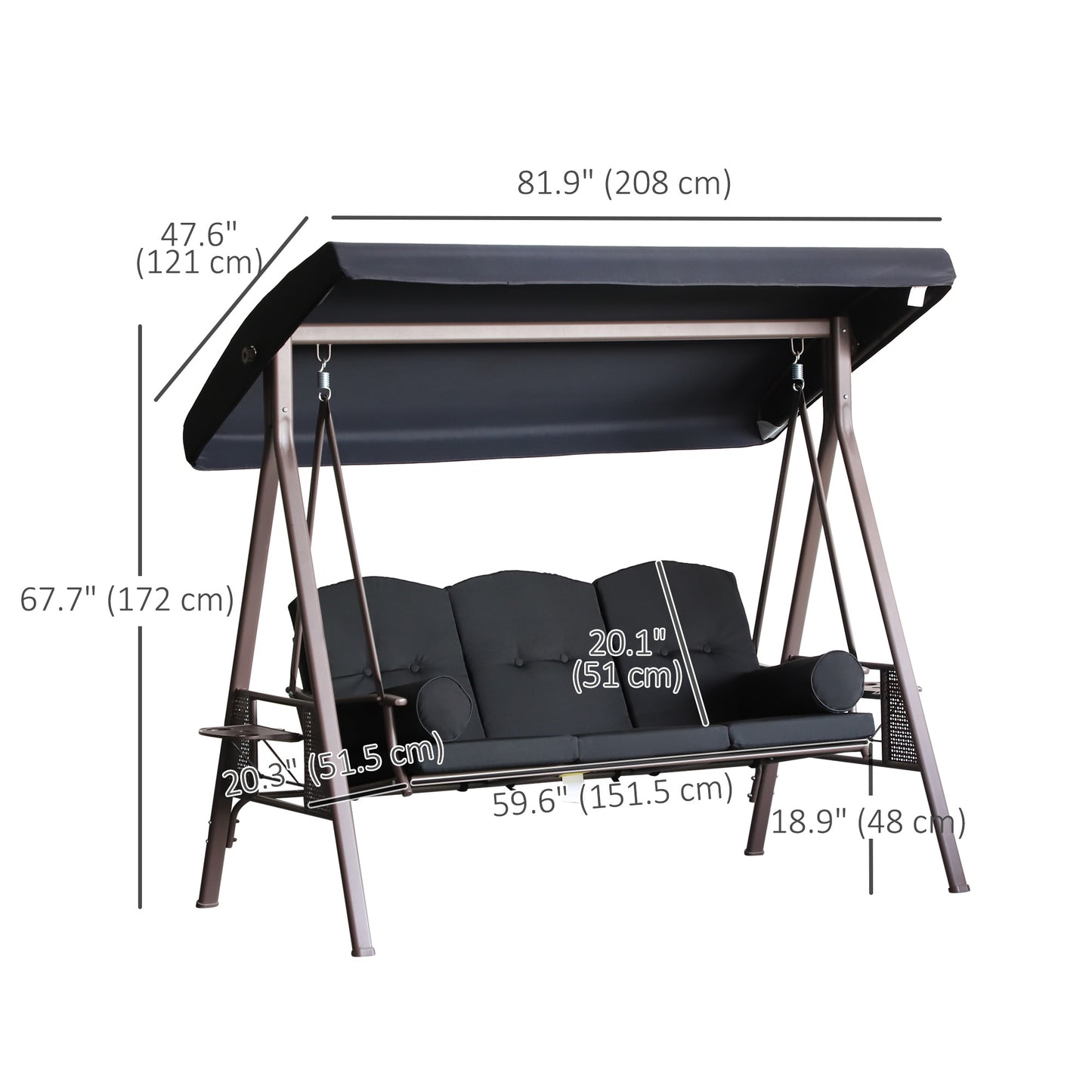 3-Person Porch Swing Chair Heavy Duty Outdoor Lounge Hammock with Cushioned Seat and Tilt Canopy Black Kids Crystal