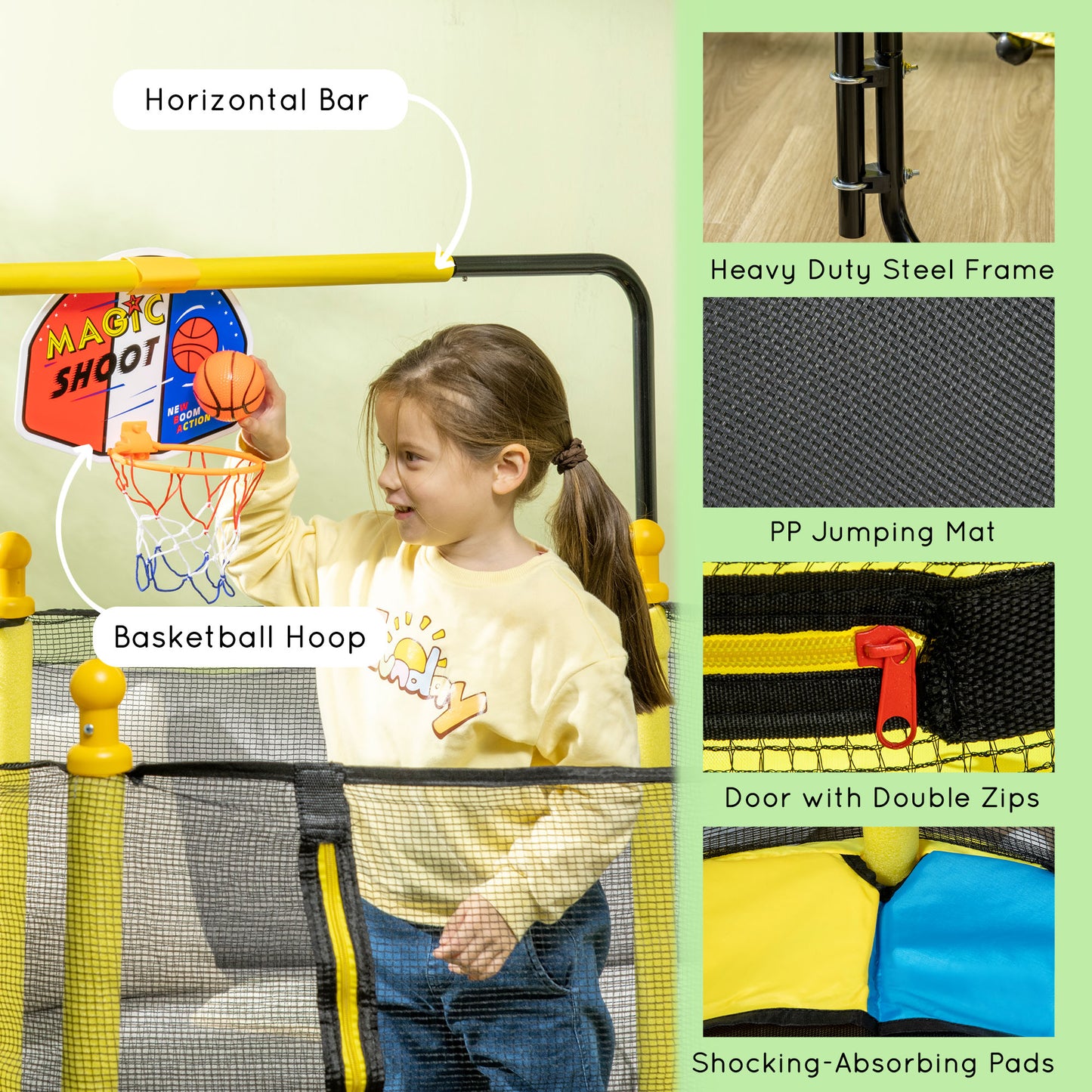 4.6ft Kids Trampoline with Basketball Hoop, Horizontal Bar with Net for Children Ages 3-10, Yellow Kids Crystal