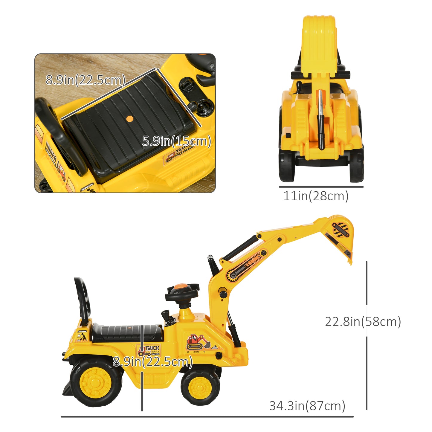 3 in 1 Ride On Toy Excavator Digger Scooter Pulling Cart Pretend Play Construction Truck Kids Crystal