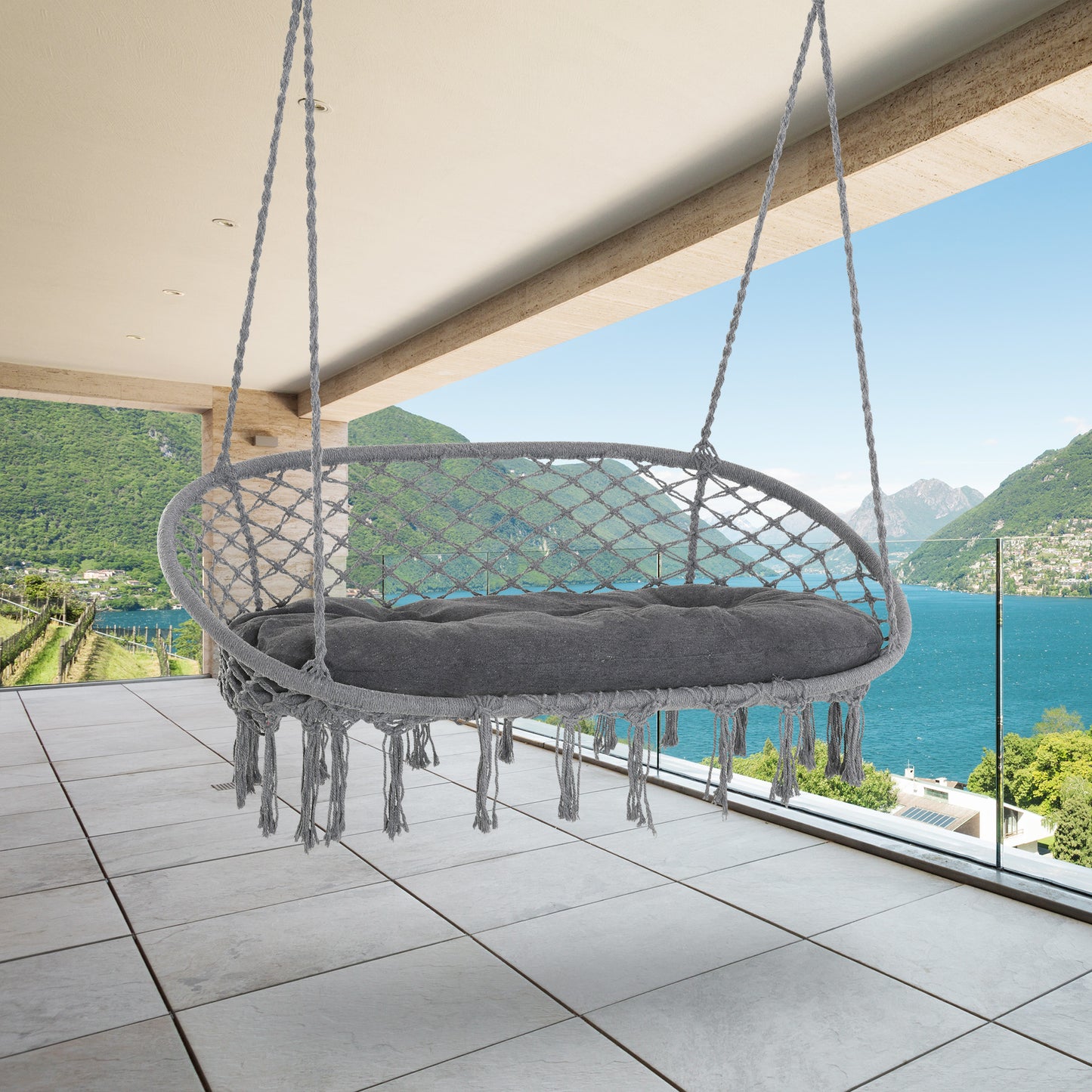 Hanging Chair 2 Seat Metal Swinging Hammock Chair with Cushion & Macrame Net Pattern 396 lbs Capacity Dark Grey Kids Crystal