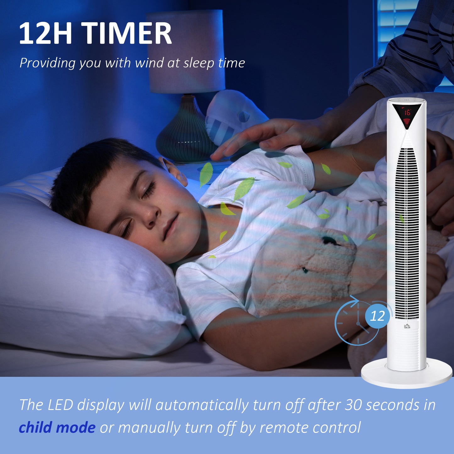 Tower Fan Oscillating 3 Speed 12h Timer LED Remote Control Cooling for Bedroom Home White Kids Crystal