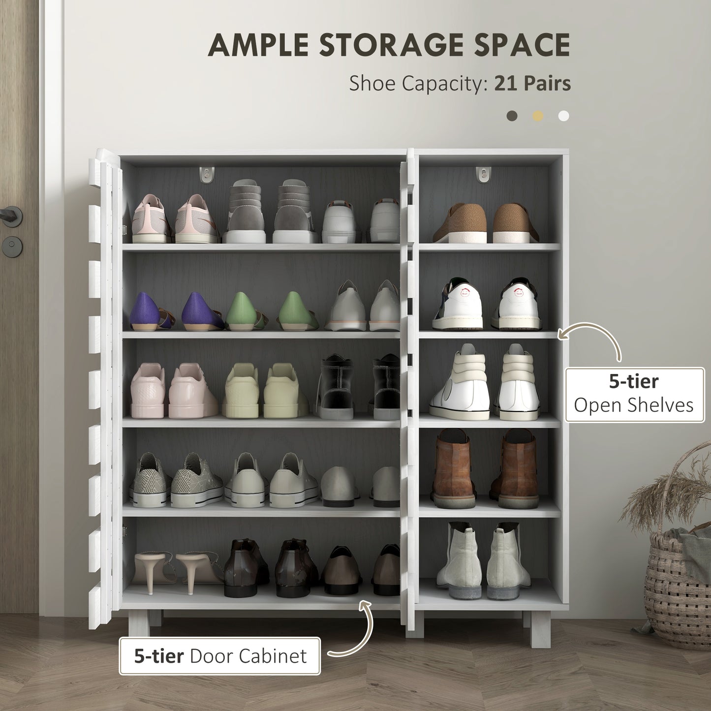 21 Pair Shoe Storage Cabinet Organizer with 5-Tier Double Door Cupboard 5-Tier Open Shelves White Kids Crystal