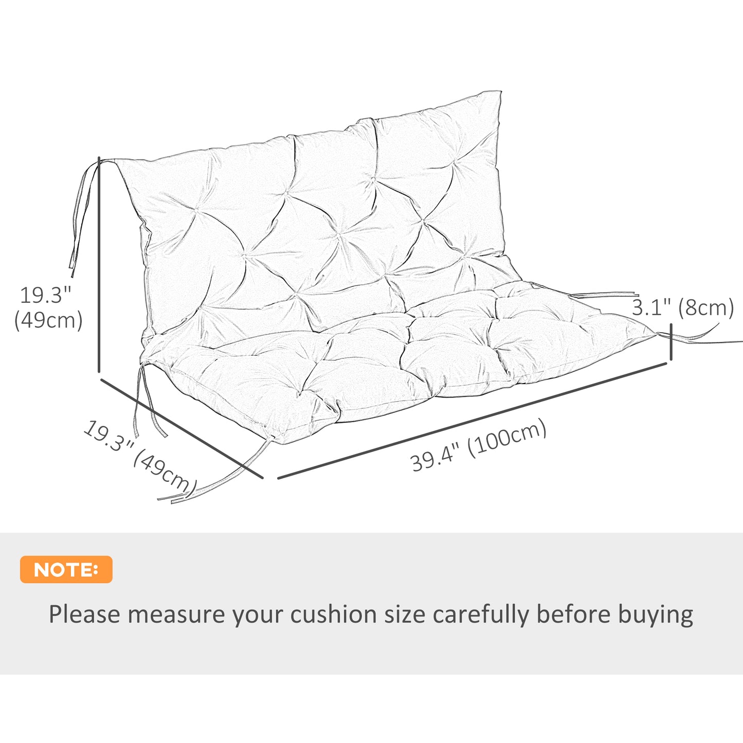 2-Seater Swing Chair Cushion Replacement with Backrest for Garden Bench Indoor Outdoor Use 39.4"x38.6" Grey