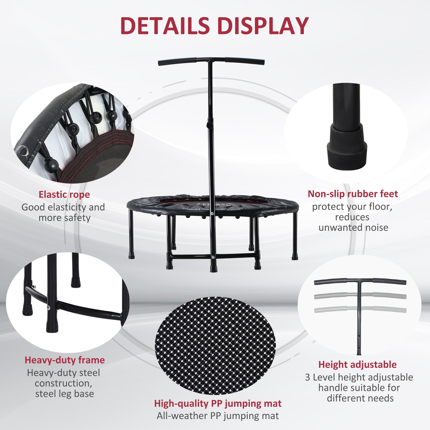 Mini Trampoline 40" Indoor Fitness Rebounder Adjustable Handle Bar Workout Cardio Exercise Black Kids Crystal