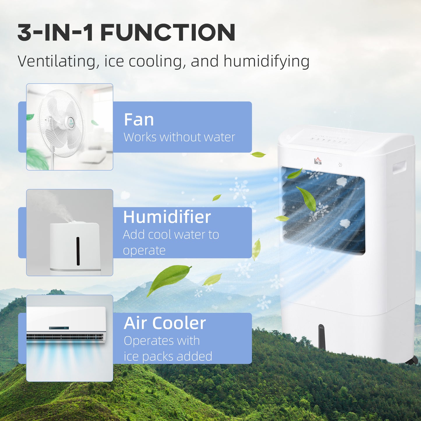 Cooling Fan for Bedroom with Ice Pack, Tower Fan with Remote Control, 3 Modes, 3 Speeds, 7.5H Timer, White