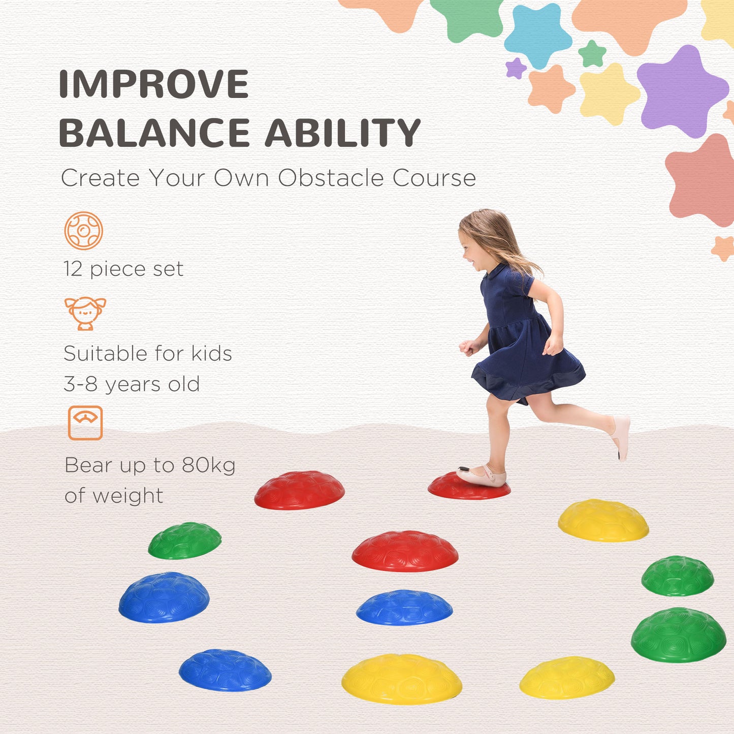12pc Kids Turtle Shell Design Balance Stepping Stones with Anti-slip Mat Stackable for Ages 3-8 Kids Crystal