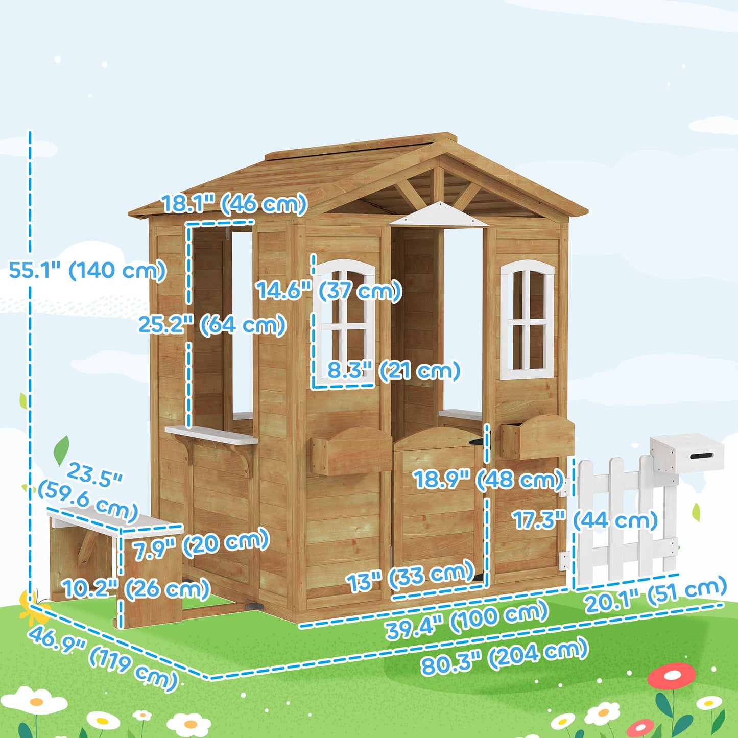Wooden Kids Playhouse with Door Windows Mailbox Flower Pot Holder Serving Station Bench Yellow Kids Crystal