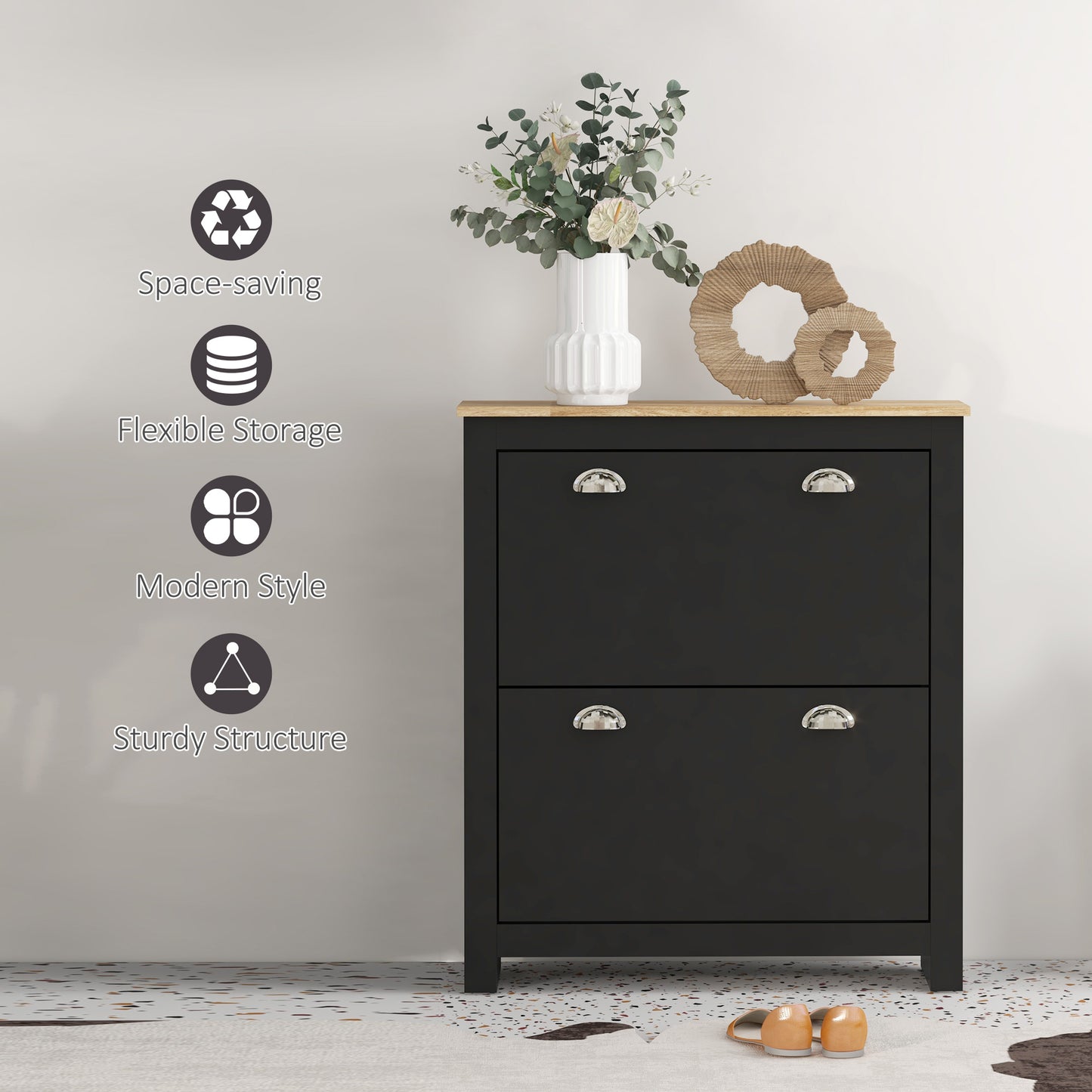Entryway Shoe Storage Cabinet: 2 Flip Drawers, Adjustable Shelves, 12 Pair Organizer for Hallway, Black Kids Crystal