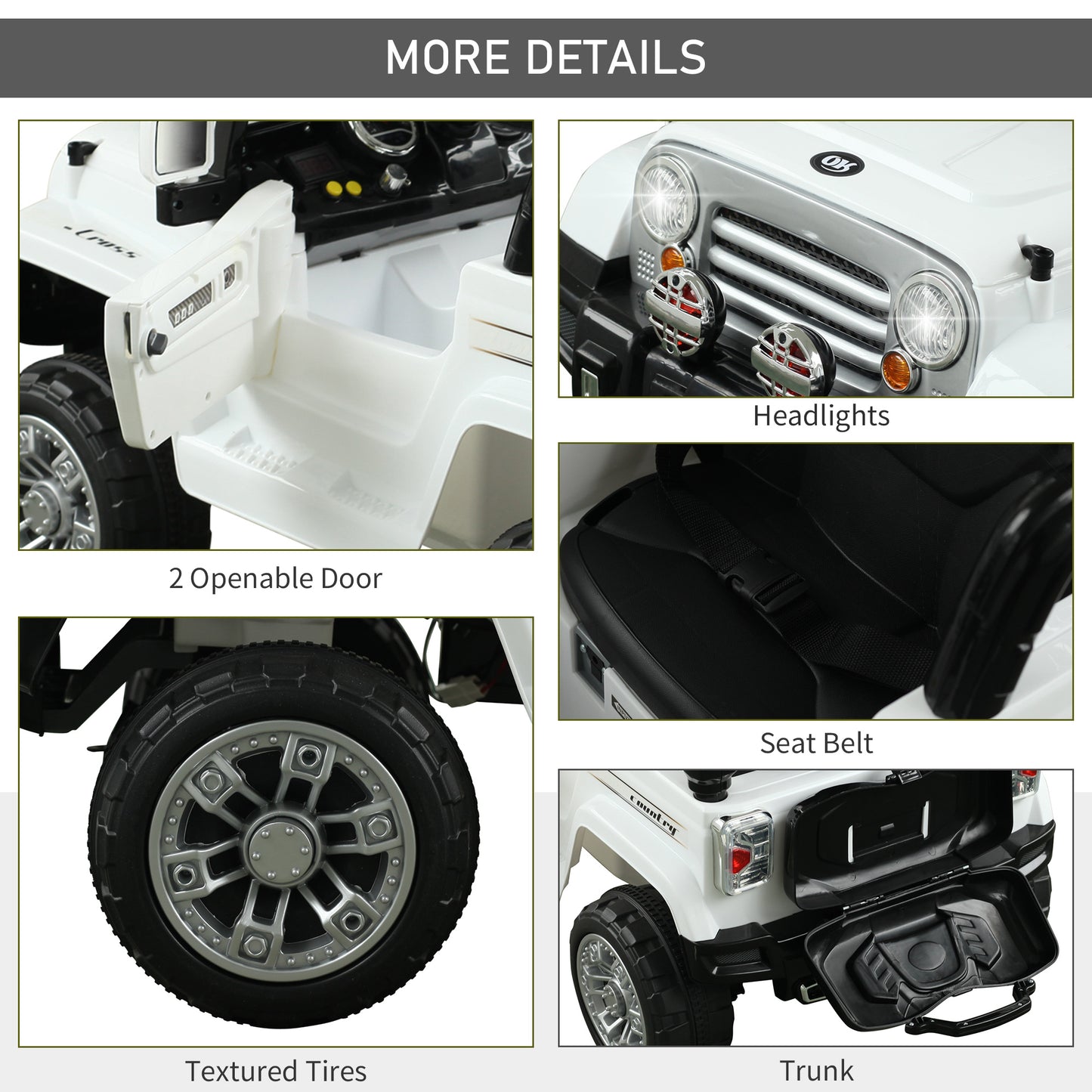 12V Kids Ride-On Truck: Remote Control, 2 Speeds, Lights, MP3, LCD Power Indicator, White Kids Crystal