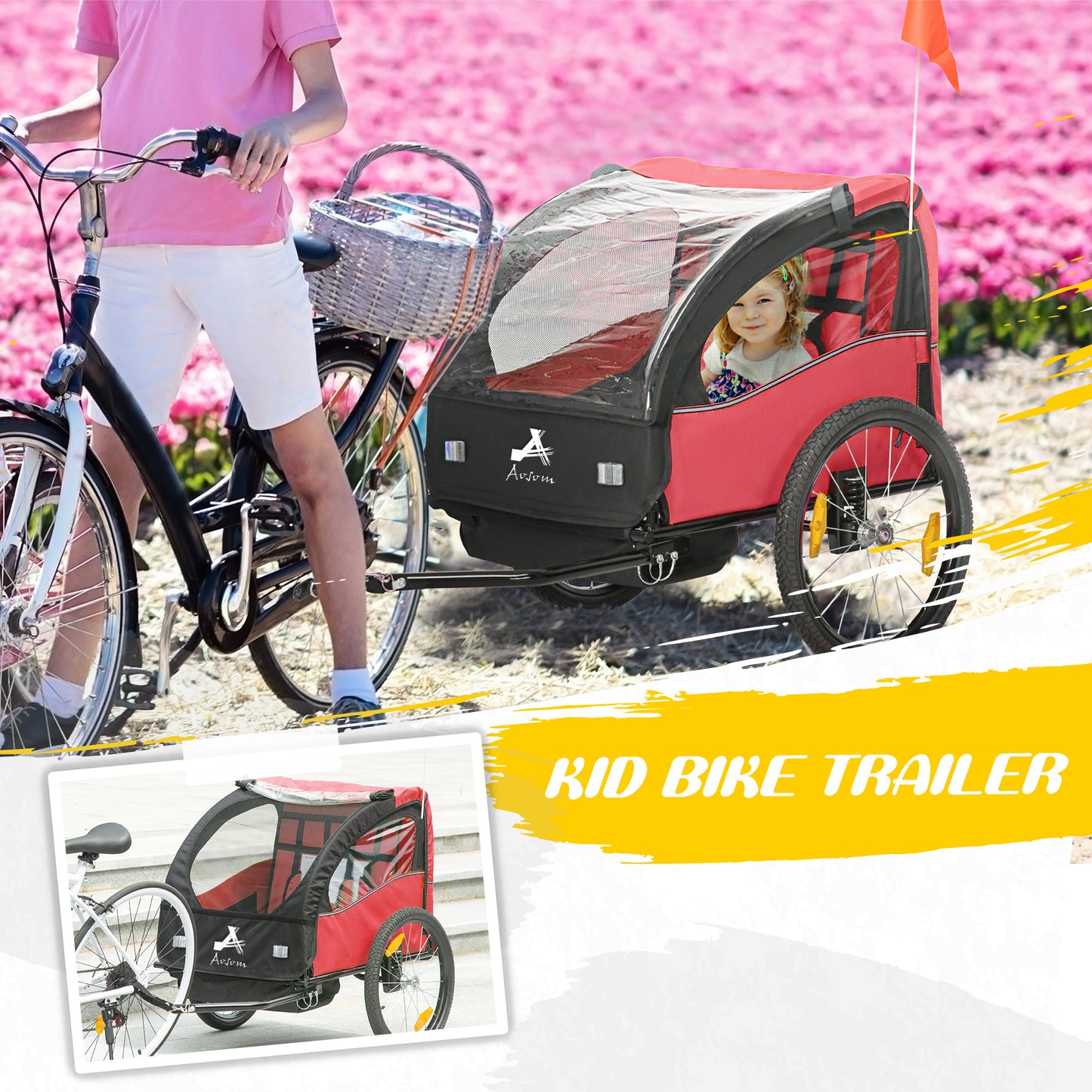 2 Seat Bike Trailer for Kids, Baby Stroller with Storage Bag, 5 Point Harness, Bicycle Trailer with 20" Wheels, Red