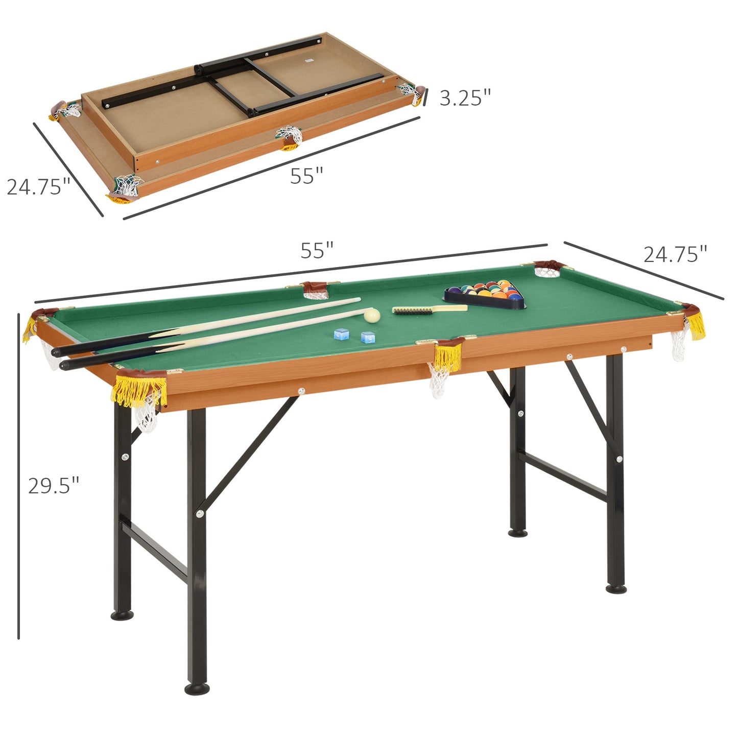 Compact 54.3"L Portable Billiard Table Foldable Design with Accessories for Home Pool Games Includes Cues Ball Kids Crystal