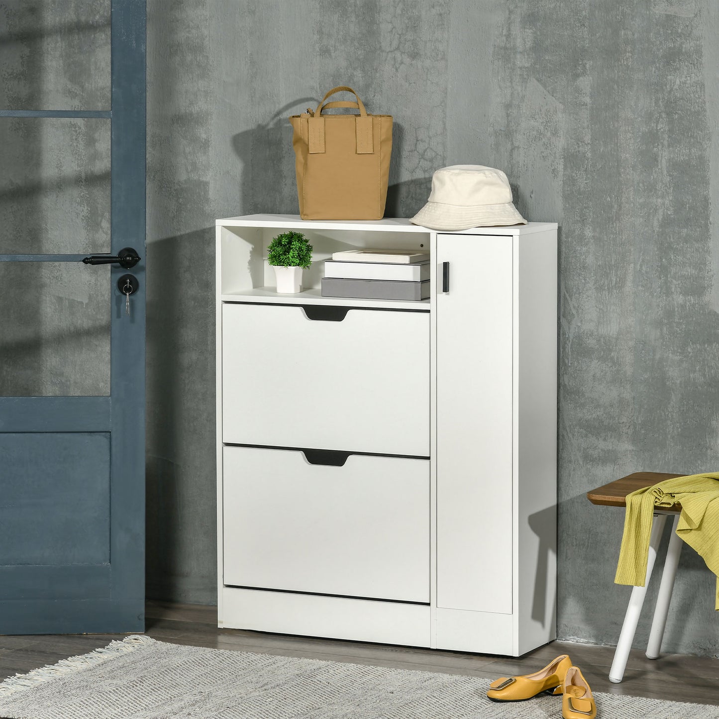 Contemporary Shoe Haven: 12-Pair Storage Cabinet with 2 Flip Drawers, Shelf, Open Umbrella Compartment Kids Crystal