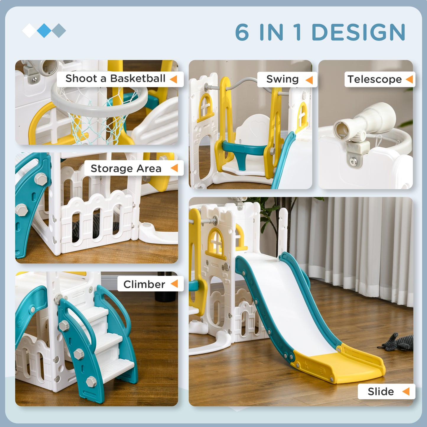 6-in-1 Slide and Swing Set Baby Swing Playset Indoor with Basketball Hoop, Climber, Storage Space, Telescope, Yellow Kids Crystal