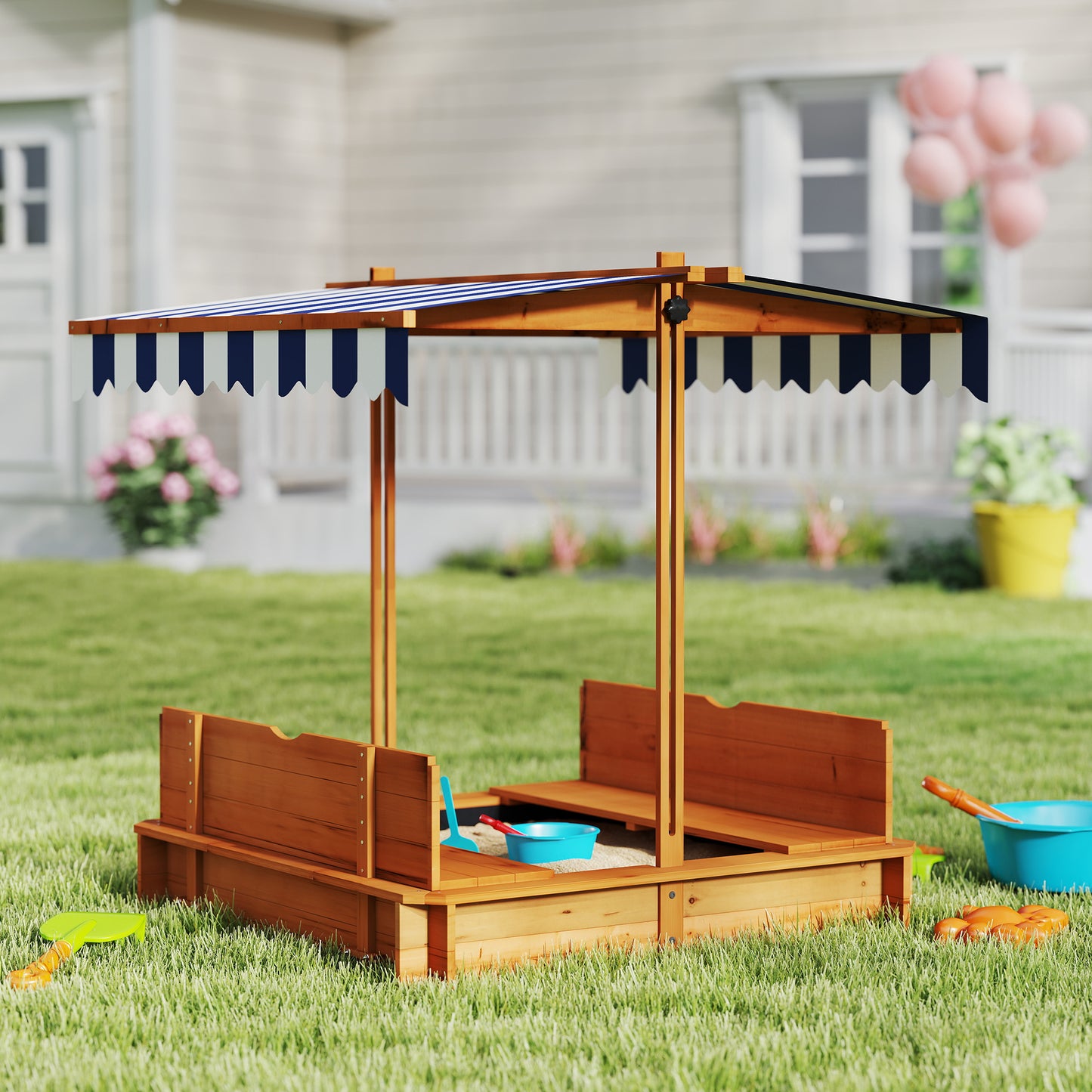 Kids Sandbox Wooden with Cover Adjustable Canopy Foldable Bench Seats Sand Play Red Kids Crystal