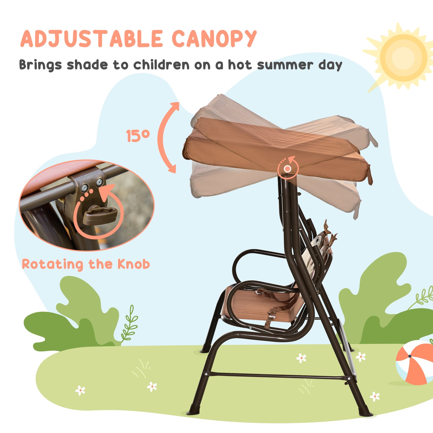 2-Seat Kid Swing with Adjustable Canopy Coffee Outdoor Patio Lounge Chair for Garden Porch