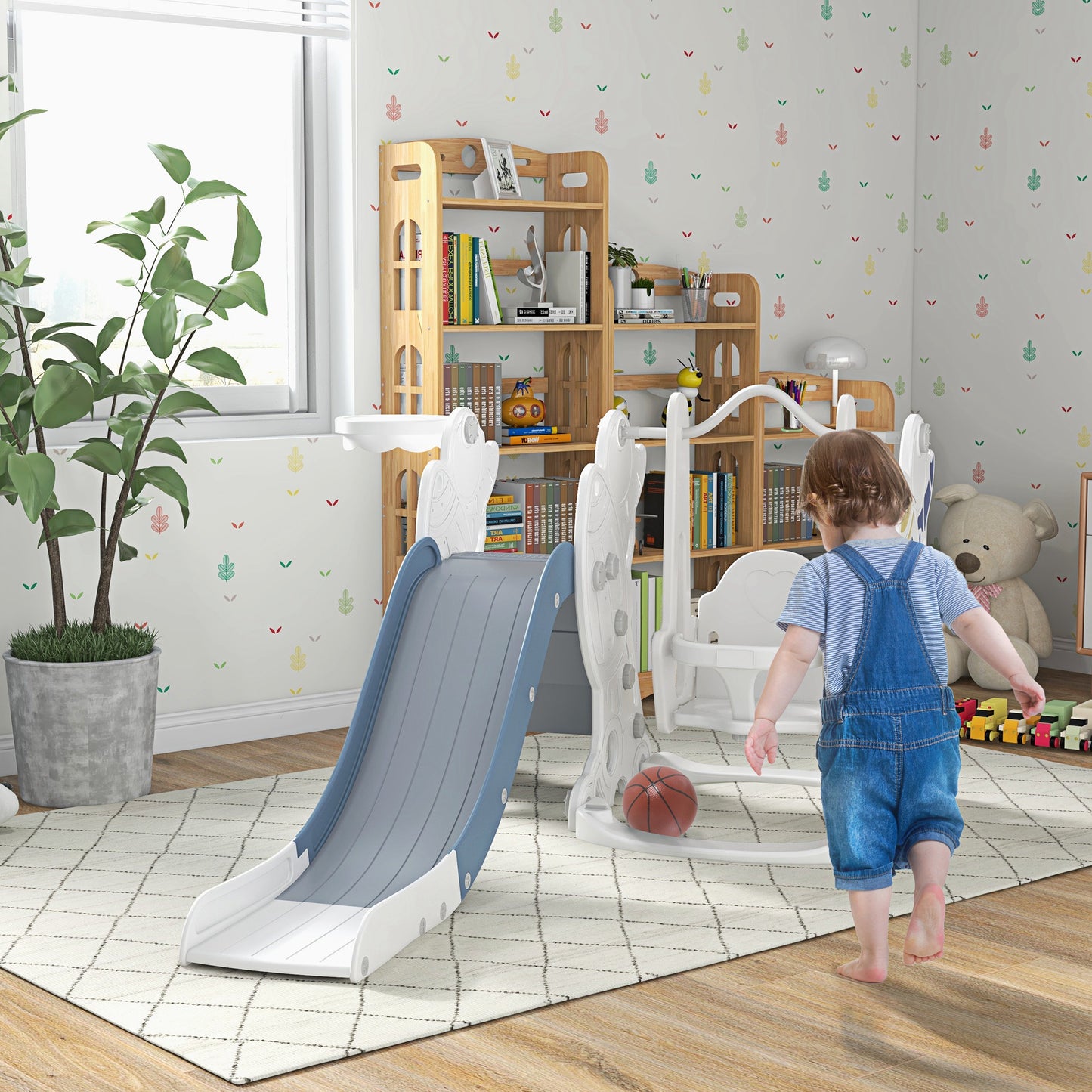 Galactic Playtime: 3 in 1 Toddler Swing Slide Set with Basketball Hoop, Indoor Playground Space Theme, White Blue Finish Kids Crystal