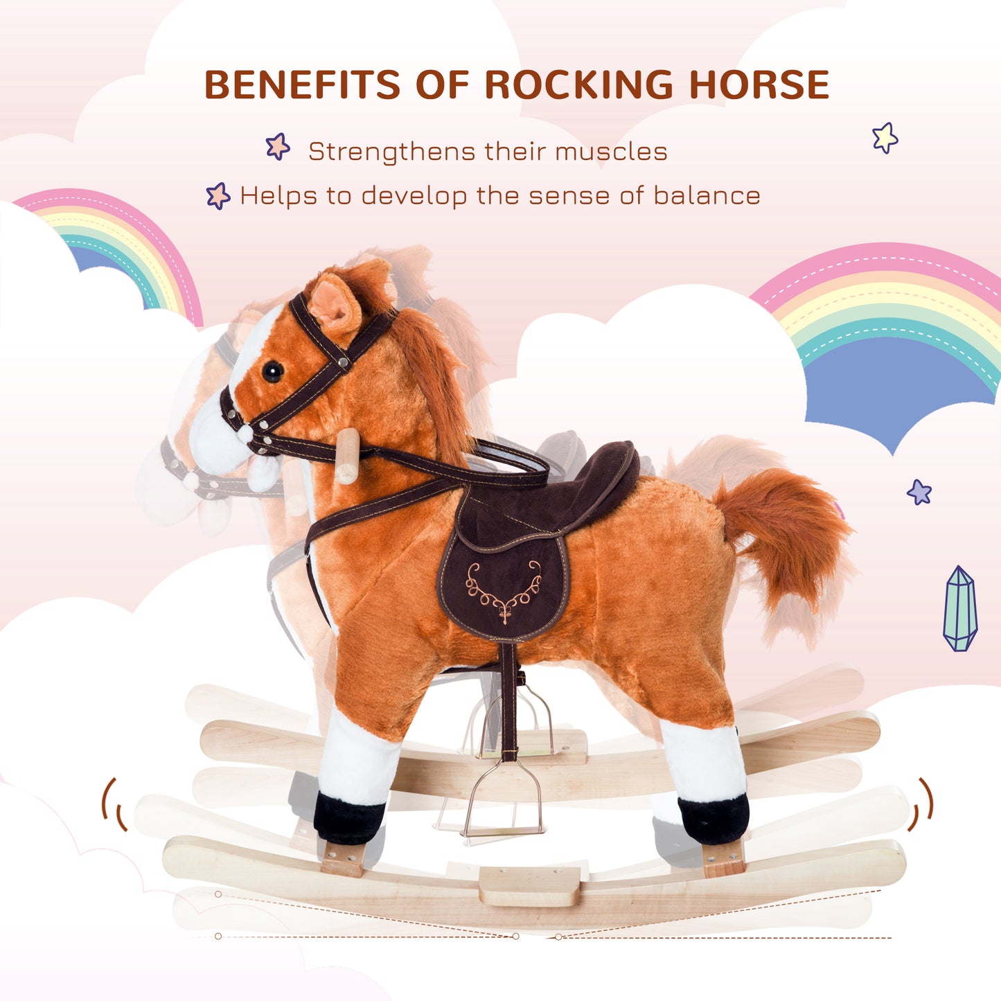 Kids Rocking Horse Poney Child Plush Ride on Toy w/ Realistic Sound Red Brown Kids Crystal