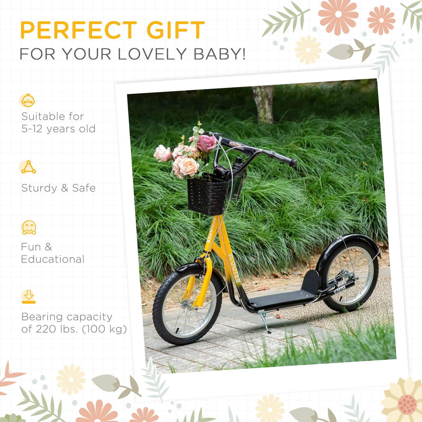 Kick Scooter with Adjustable Handlebar, Kids Scooter with 2 Brakes Basket Cupholder 16" Inflatable Rubber Tyres Orange Kids Crystal