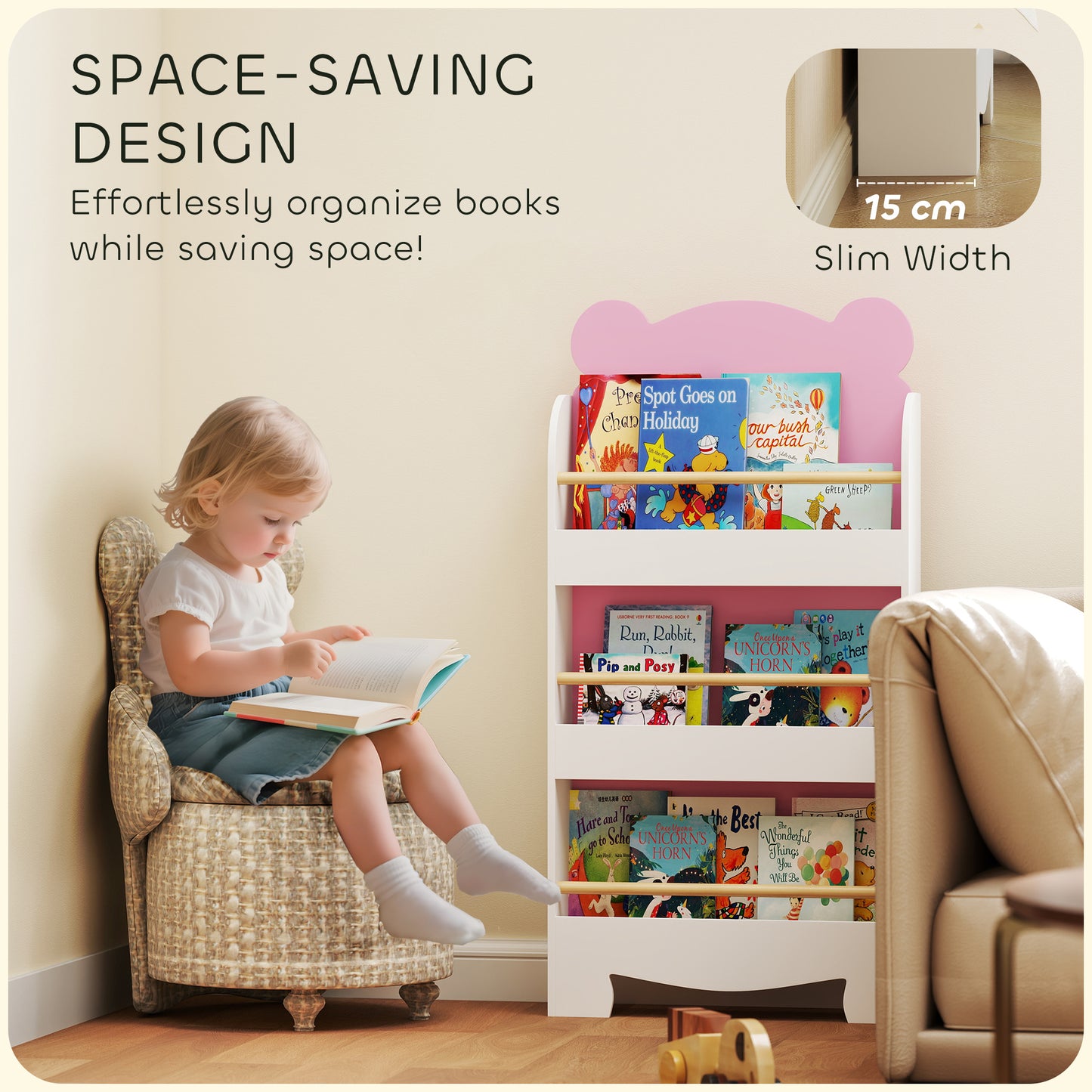 3-Tier Bear Theme Kids Bookshelf with Anti-tipping Device for Living Room, Kids Room, Playroom, Pink
