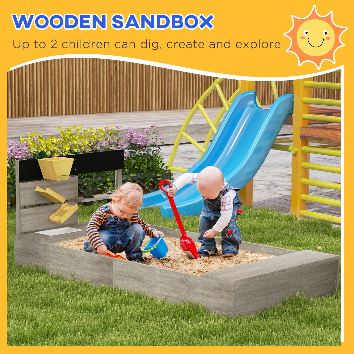 Kids Wooden Sandbox with Protective Liner Kitchen Theme for Outdoor Garden Backyard Play Kids Crystal