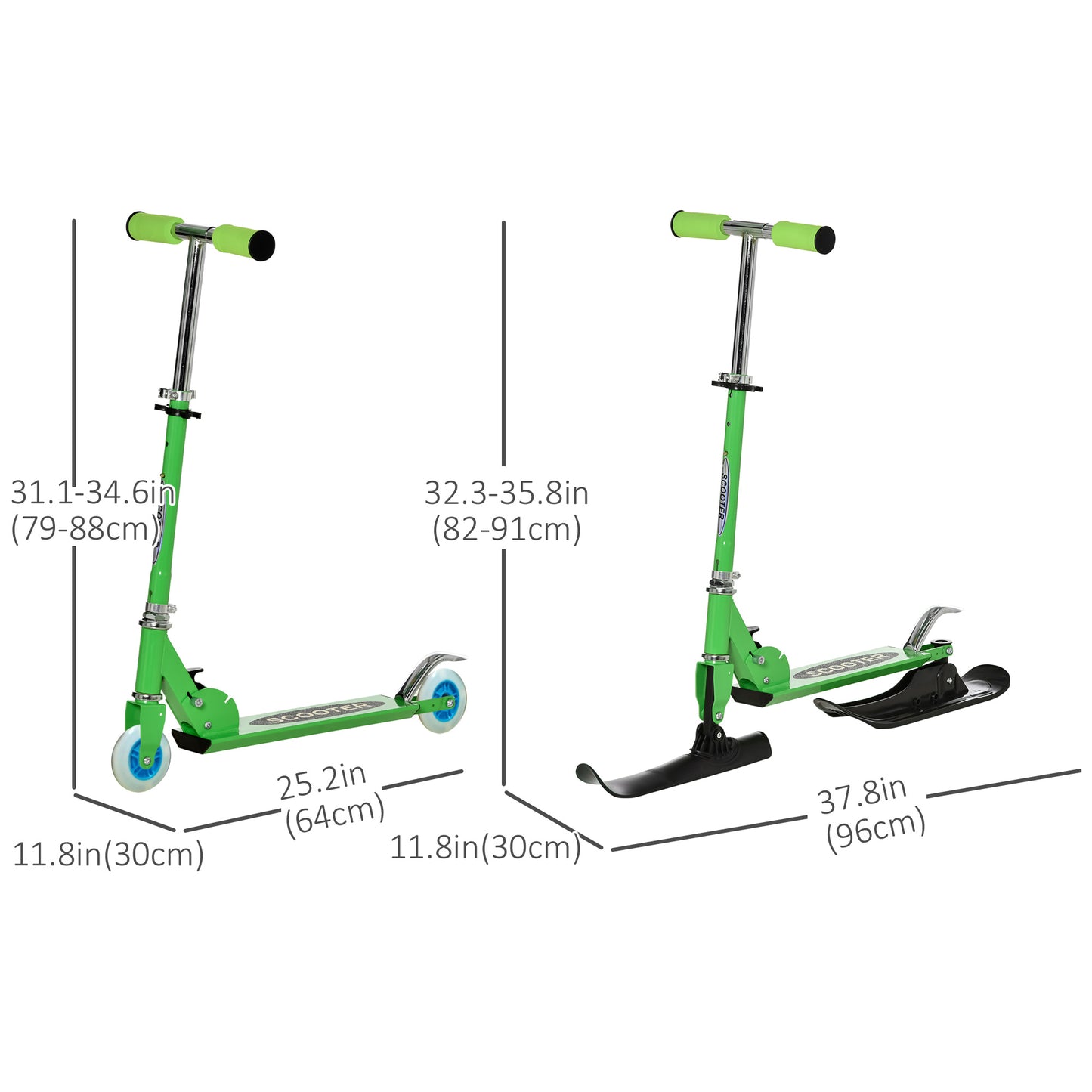 2-in-1 Convertible All-weather Scooter Snow Street Amphibious w/ Wheels Blades Green Kids Crystal