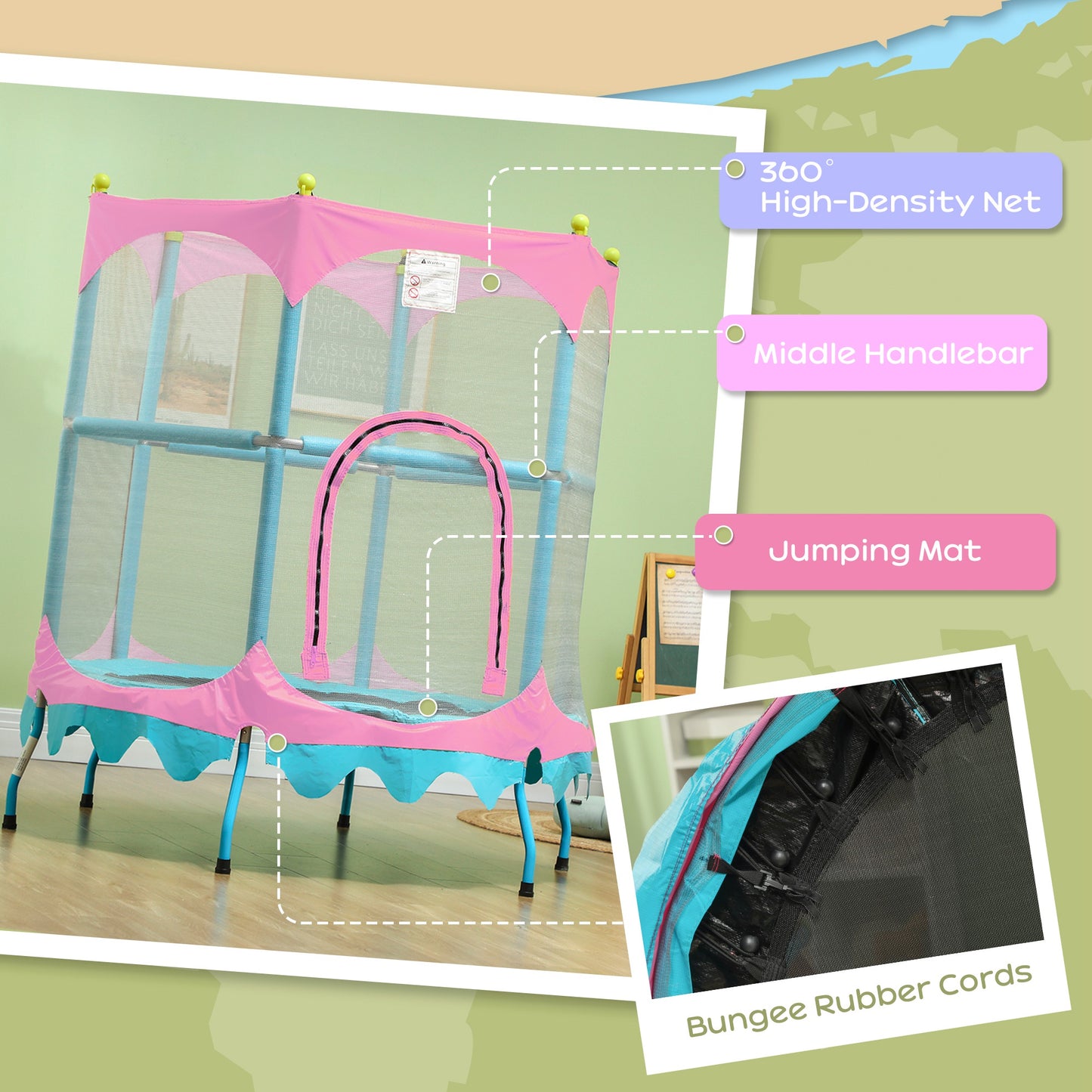 Trampoline for Kids, 4.6FT Mini Toddler Trampoline Indoor Outdoor with Handlebar, Safety Enclosure Net, Pink Kids Crystal
