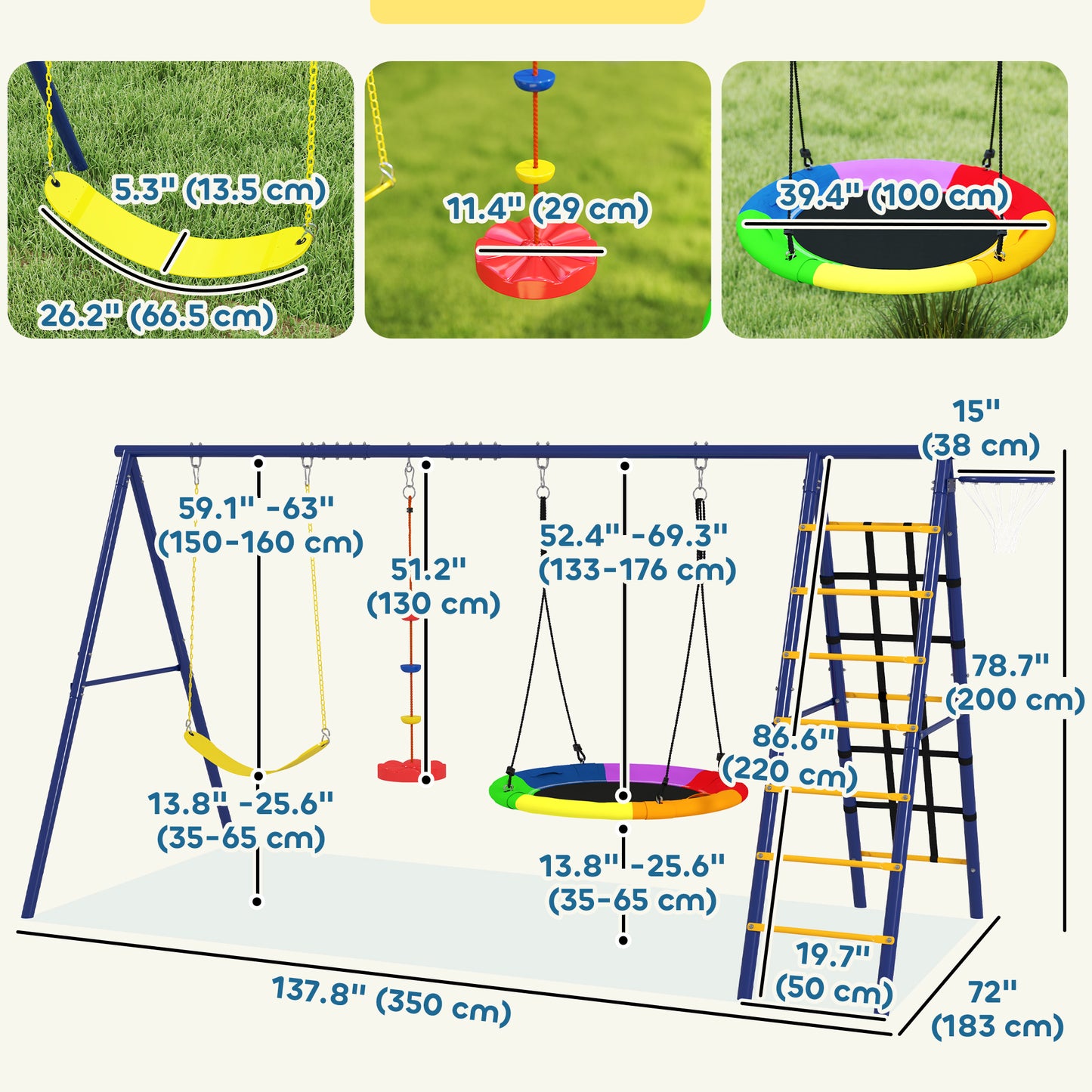 6 in 1 Kids Swing Set with 1 Saucer Swing, 1 Belt Swing, 1 Disc Rope Swing, Climbing Ladder and Net, Basketball Hoop Kids Crystal