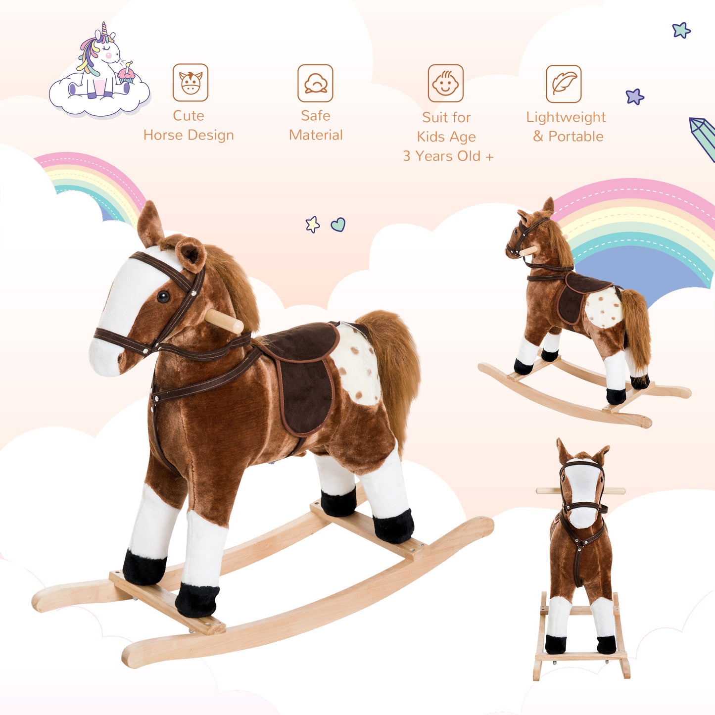 Kids Rocking Horse Plush Ride-On Toy Realistic Sounds Soft Brown Rocker Toddler Gift Kids Crystal