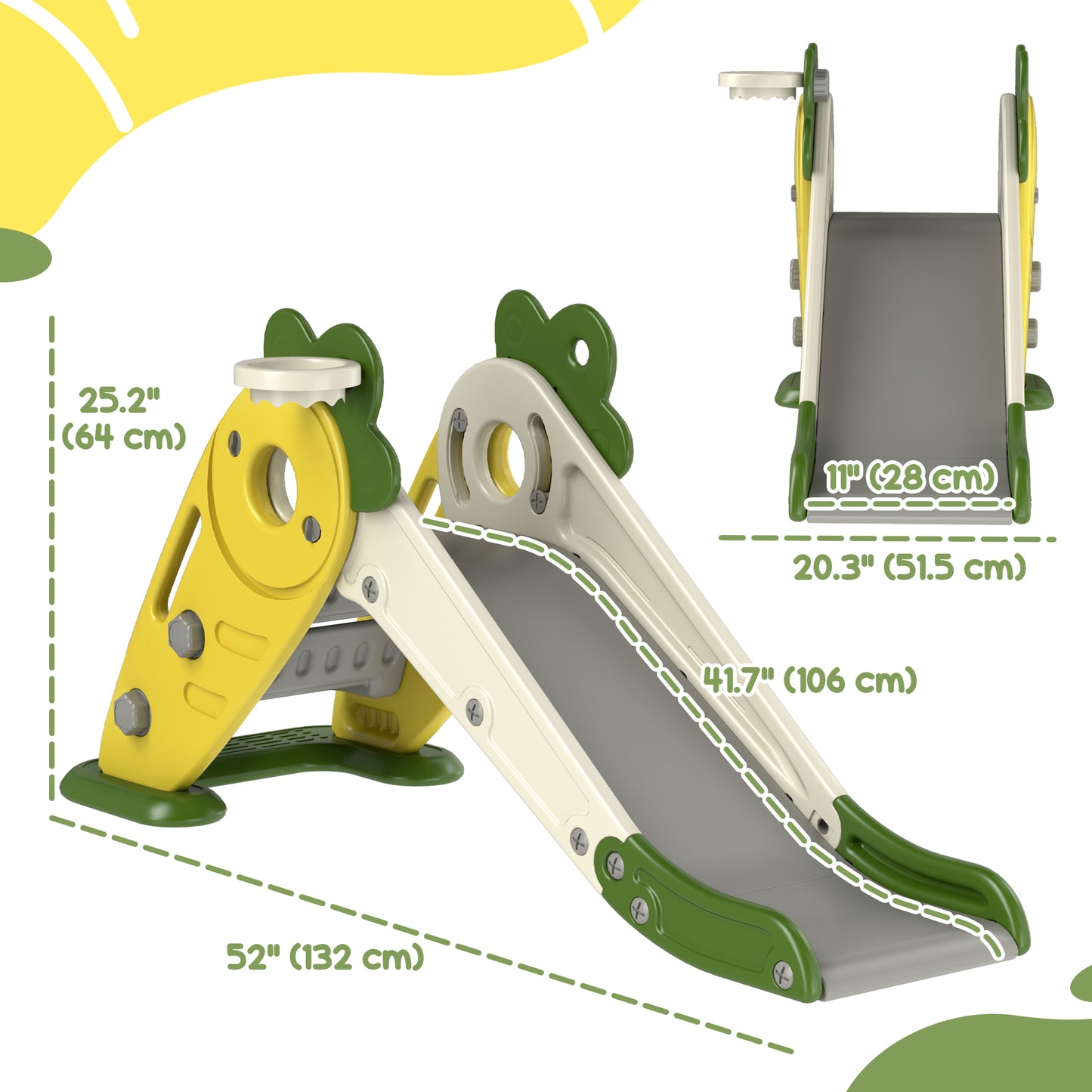 3 in 1 Foldable Toddler Slide with Basketball Hoop, Climber, for 1-3 Years Old, Yellow Kids Crystal