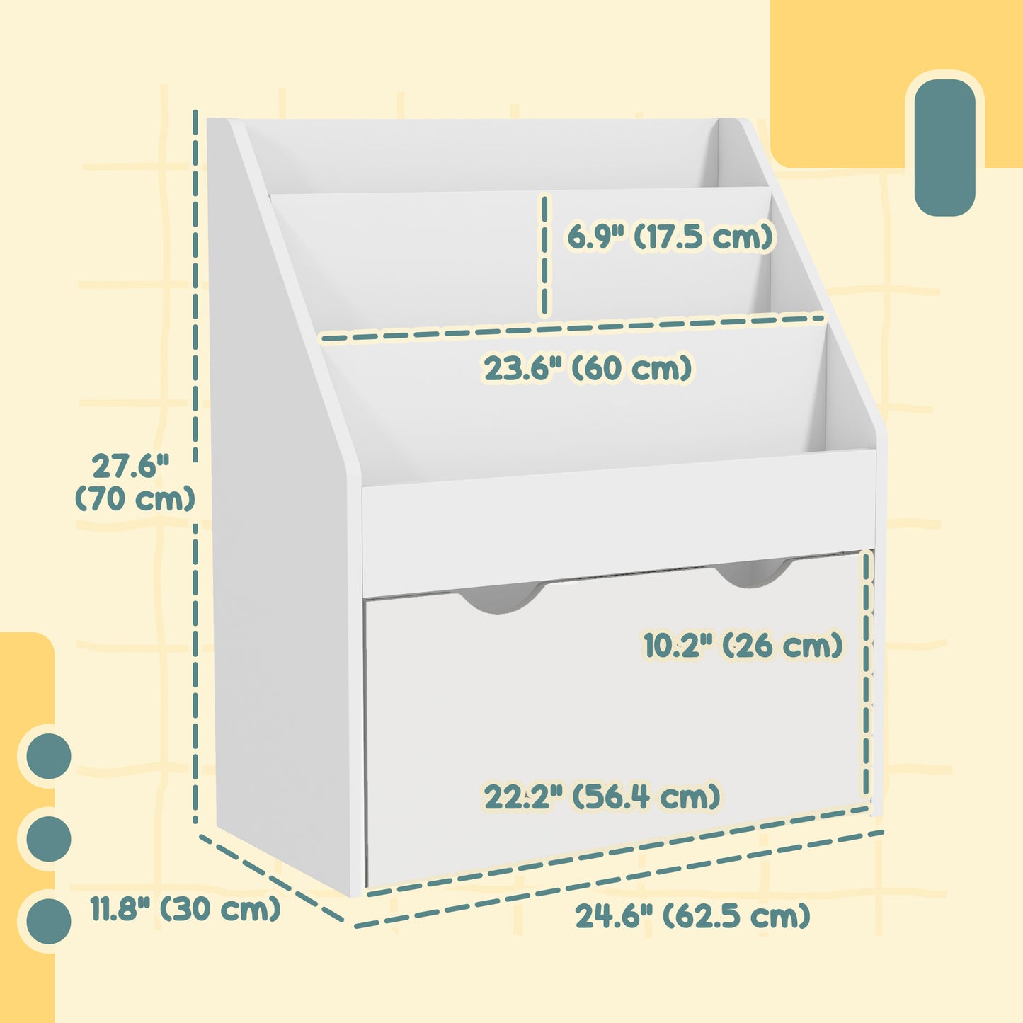 Kids Bookshelf with 3 Tier Display Shelves, Drawer for Nursery, White Kids Crystal