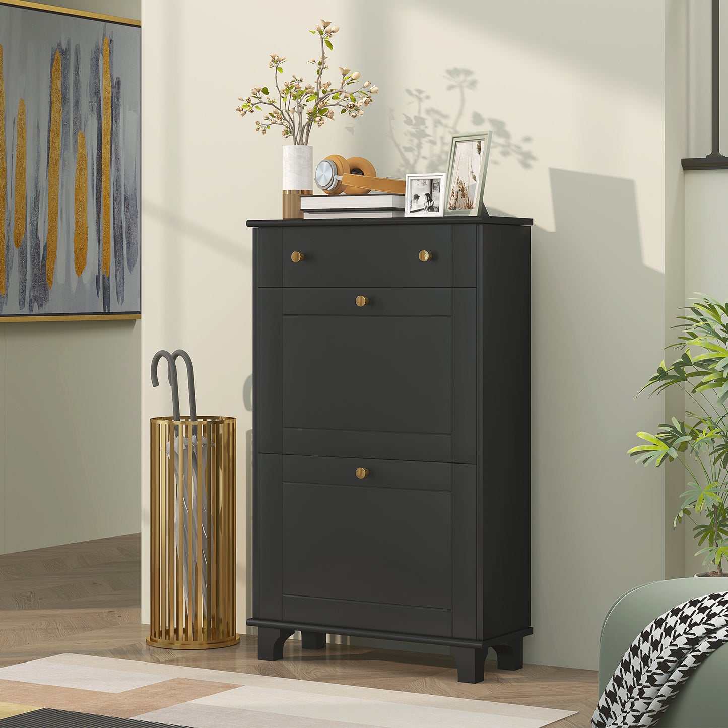 Slim Shoe Storage with 2 Flip Drawers and Adjustable Shelves Shoe Cabinet Organizer for 8 Pair, Black Kids Crystal