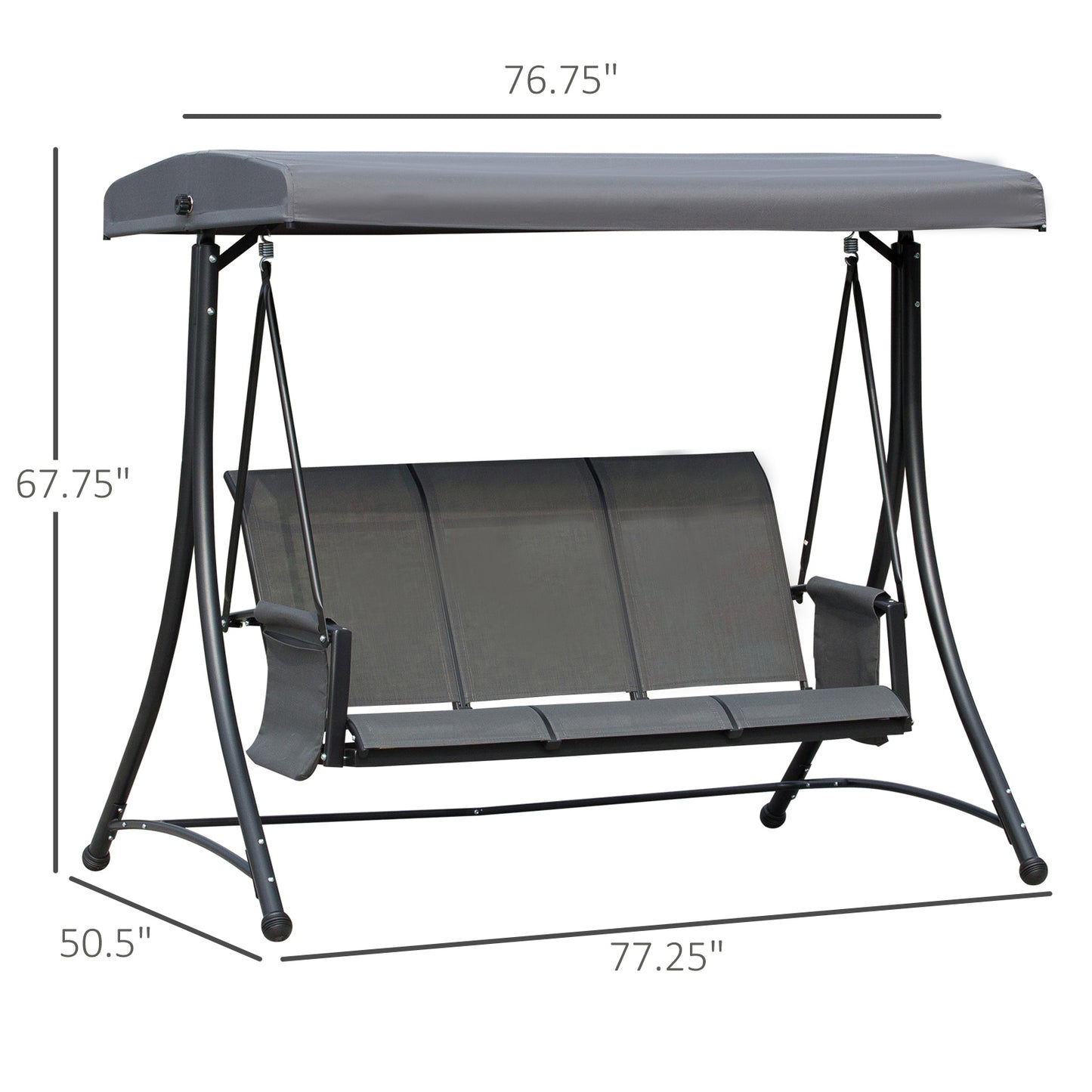 3 Person Porch Swing Chair - High Back Design, Side Pouches, Adjustable Canopy for Comfort, Dark Grey Kids Crystal