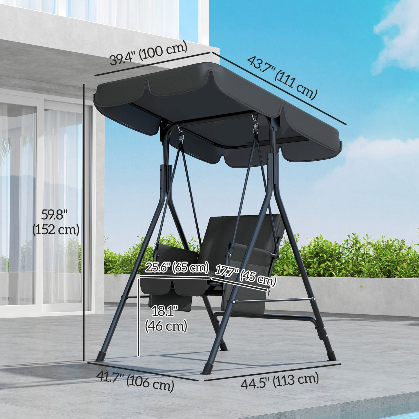 1-Seat Outdoor Porch Swing Patio Swing with Adjustable Canopy, Removable Seat and Back Cushion for Garden, Poolside