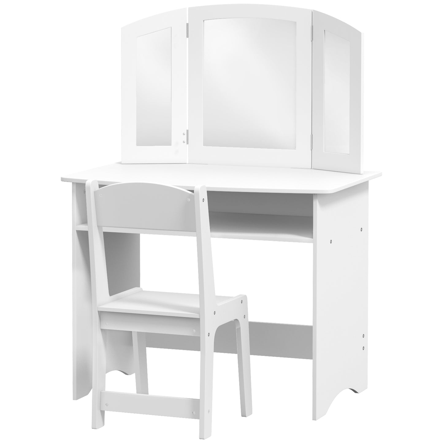 2 in 1 Kids Vanity Set Makeup Dressing Table Pretend Play Set with Tri-Folding Mirror, Stool, Storage Shelf Kids Crystal