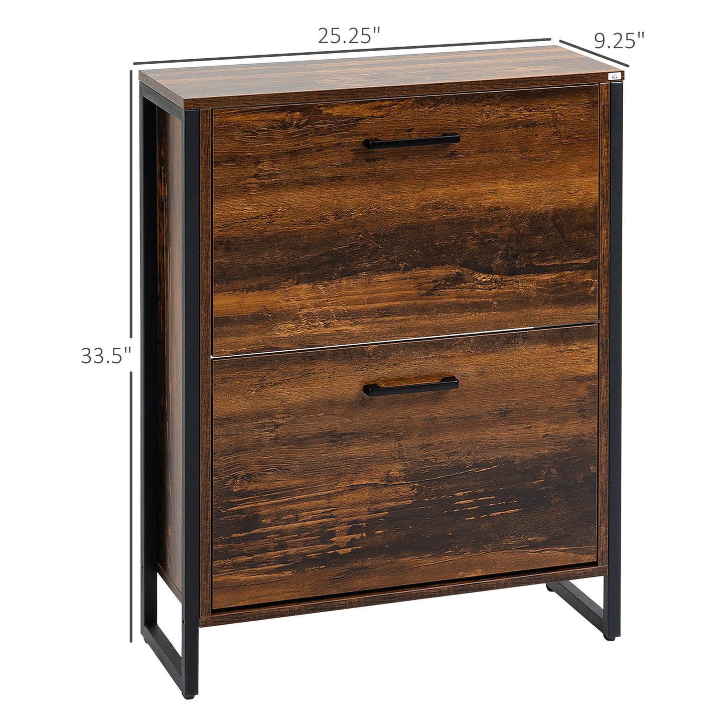 Space-Saving Slim Shoe Cabinet with 2 Flip Doors and 2-Drawer for 12 Pairs, Brown Finish Kids Crystal