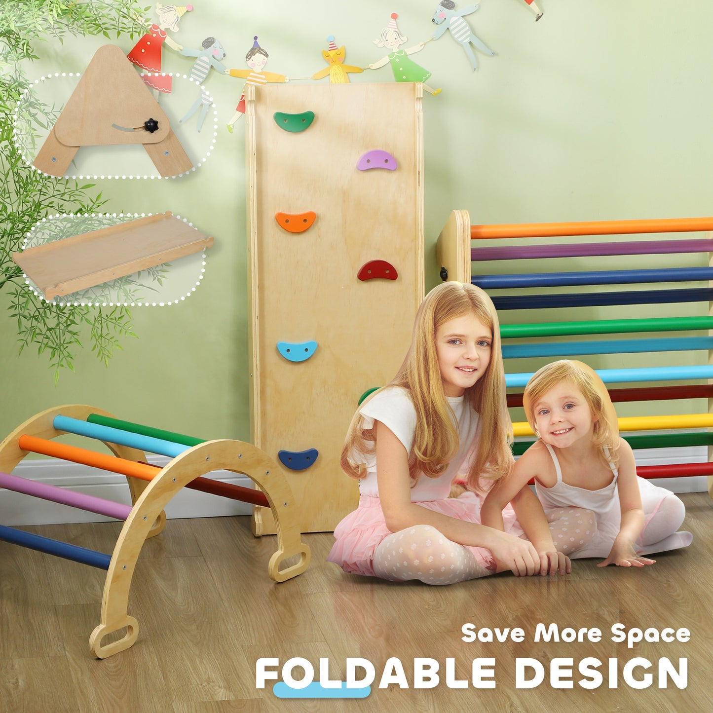 5 in 1 Pikler Triangle Set with Ladder, Ramp, Arch, for 18-48 months, Multicolour Kids Crystal