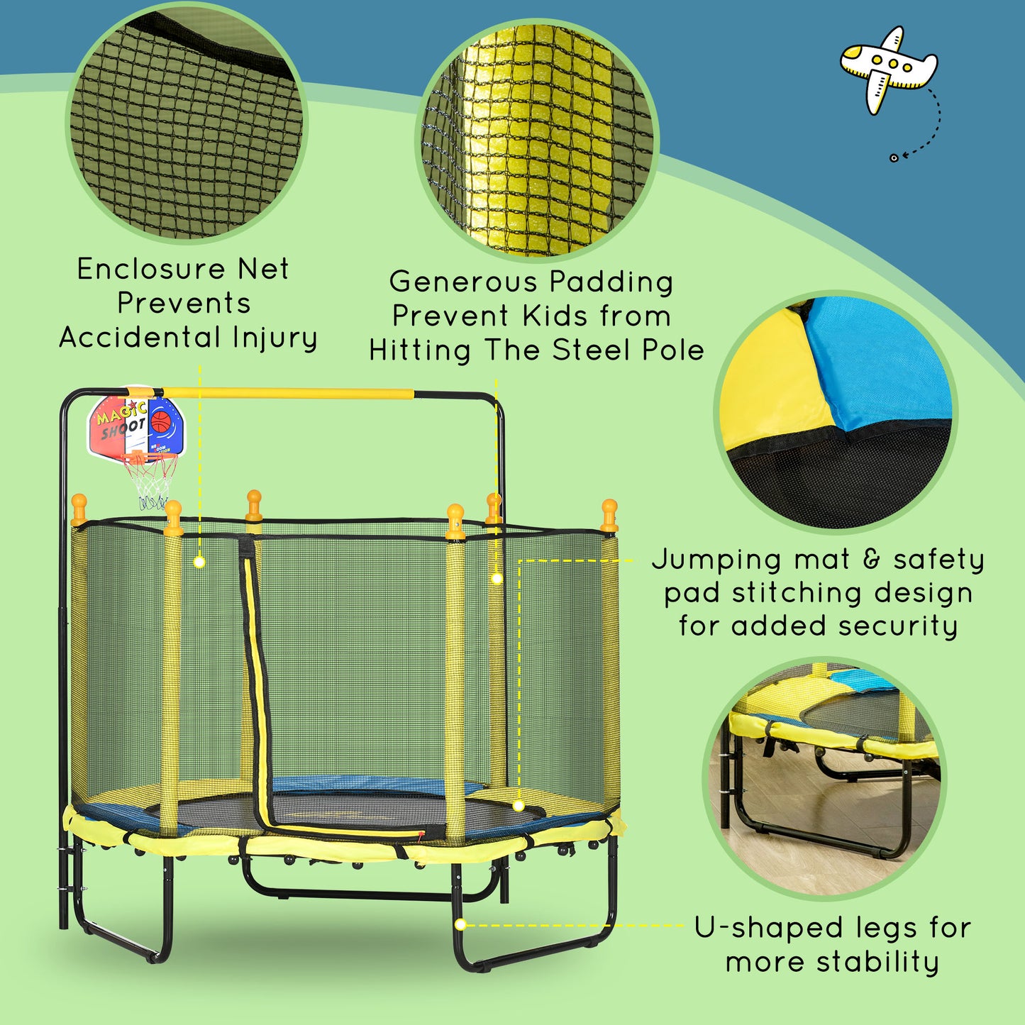 4.6ft Kids Trampoline with Basketball Hoop, Horizontal Bar with Net for Children Ages 3-10, Yellow Kids Crystal