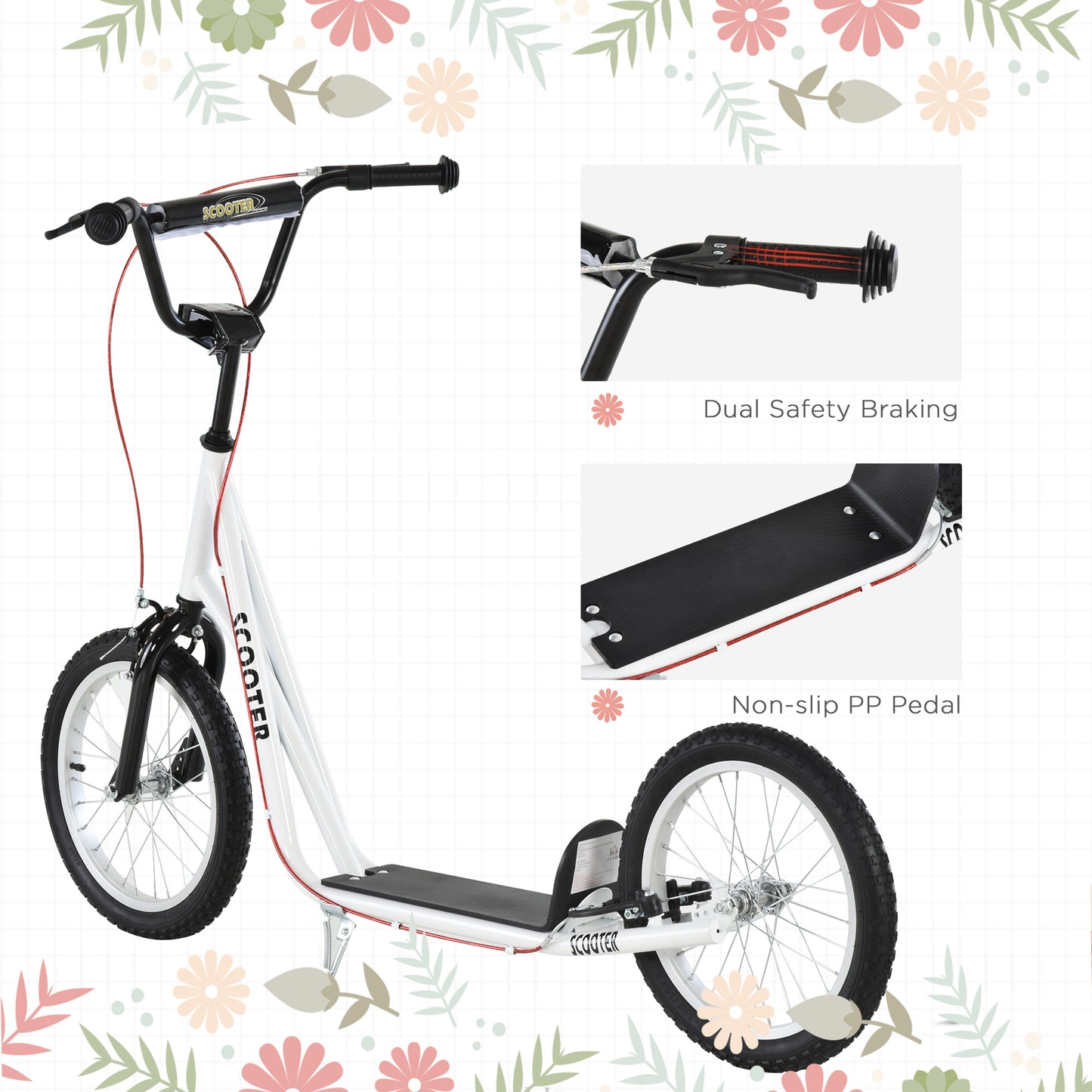 Youth Kick Scooter: Adjustable Handlebar, Dual Brakes, Inflatable Wheels for Teens 5+ - White Kids Crystal