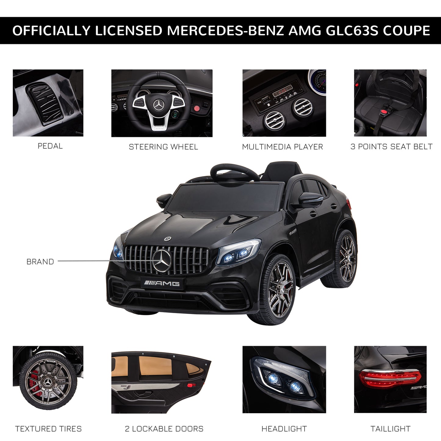 Licensed Ride-On Car: 12V Electric, Remote Control, Suspension Wheels, Black, Kids Powered Ride-On Kids Crystal