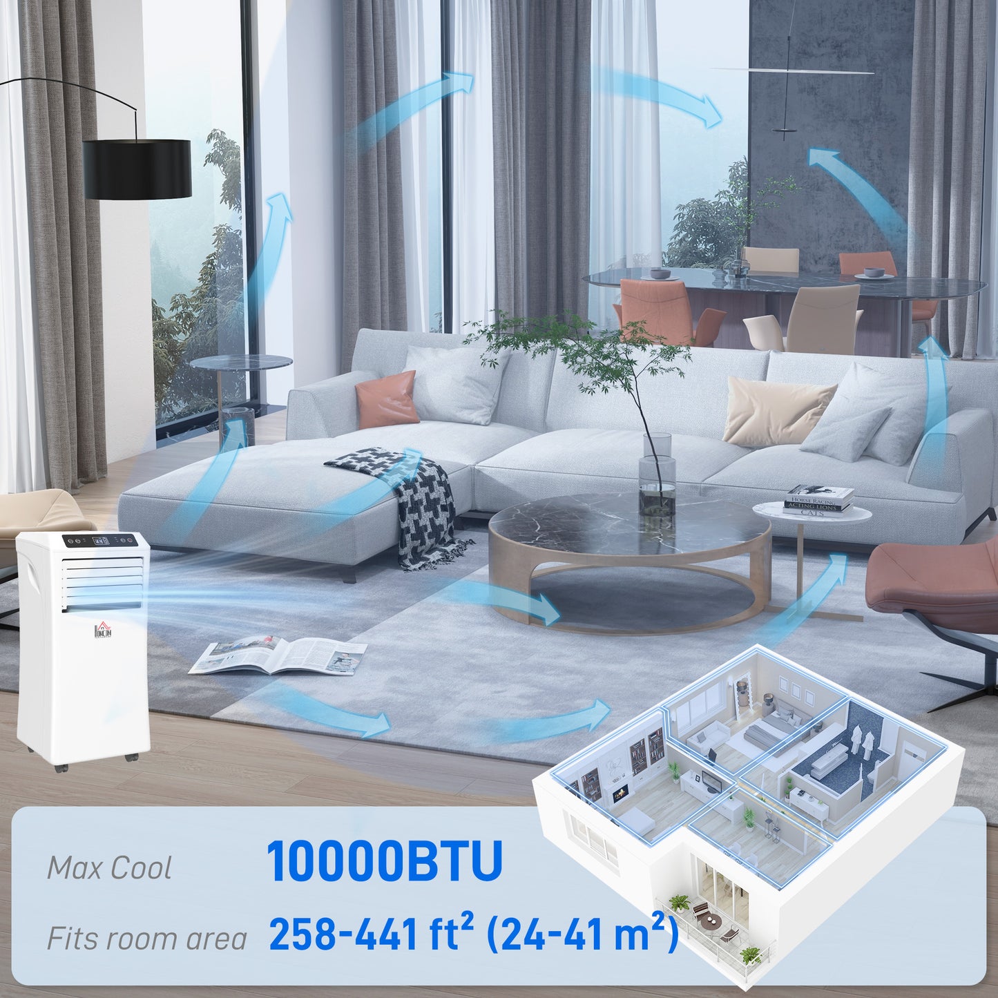 10,000BTU Mobile Portable Air Conditioner with Cooling, Dehumidifier, 2 Speed Fans, 24-Hour Timer for Bedroom, White
