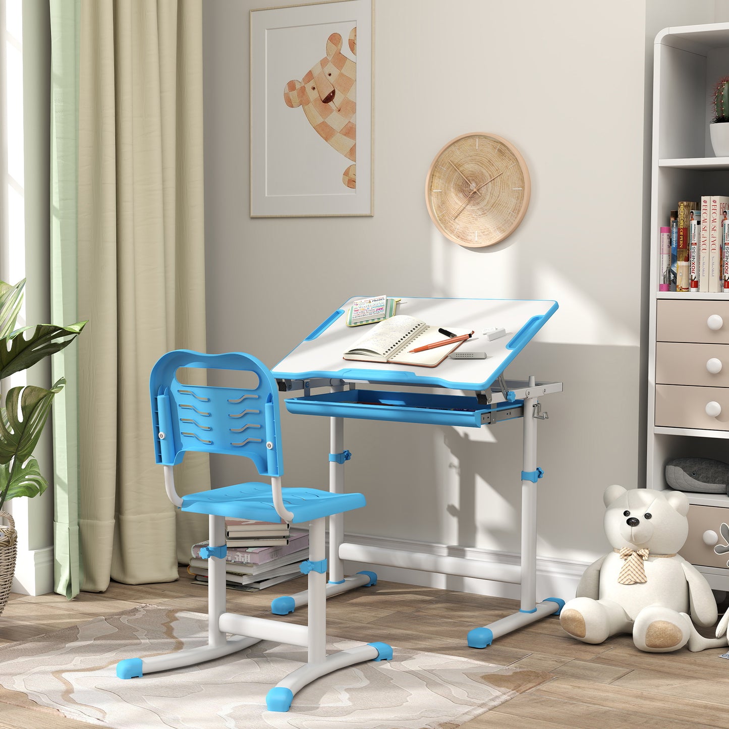 Height Adjustable Study Table and Chair Set with Drawer, Pen Slot, Tiltable Desktop, Hook, Blue Kids Crystal