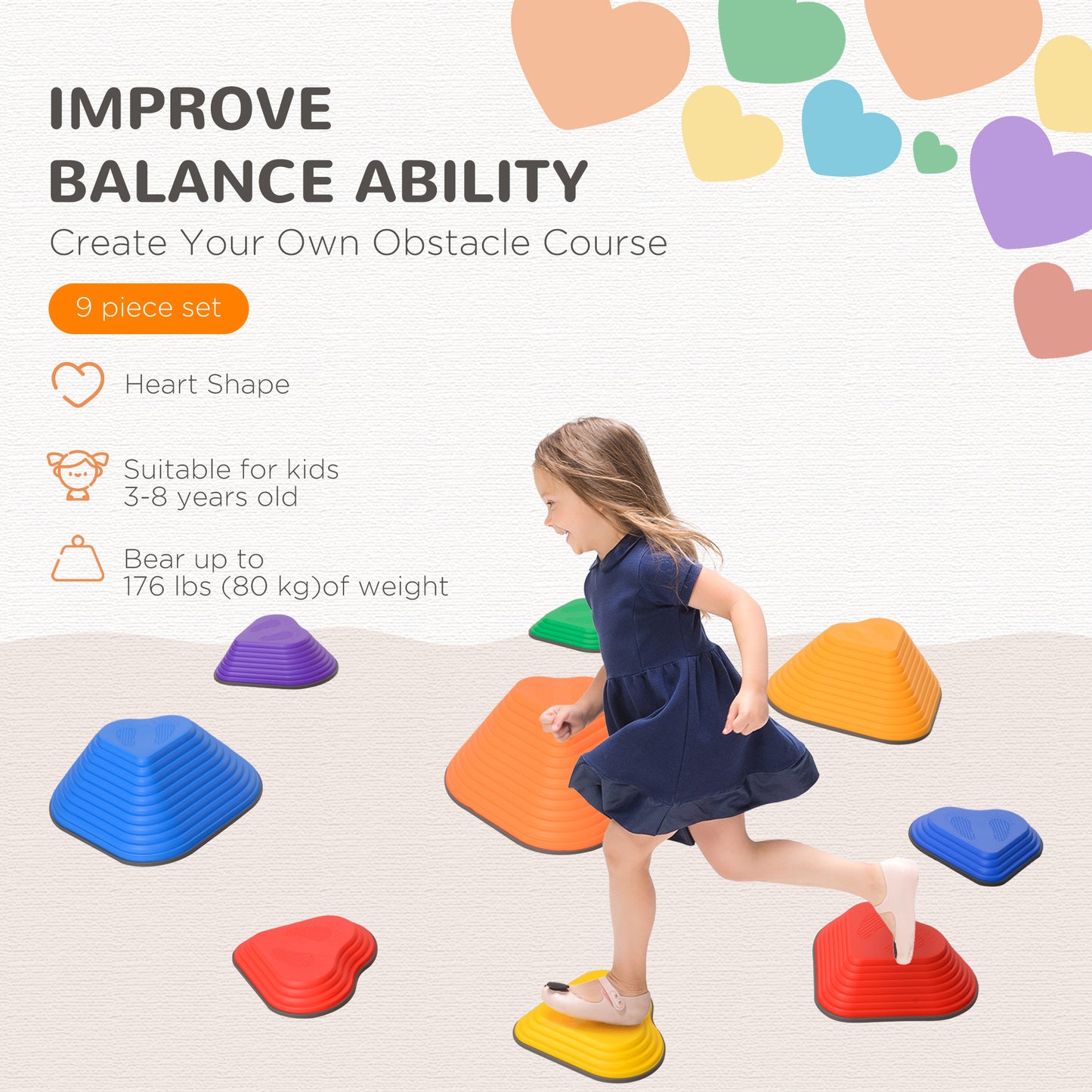 9PCs Non-Slip Stackable Kids Stepping Stones, Heart-Shaped Kids Crystal